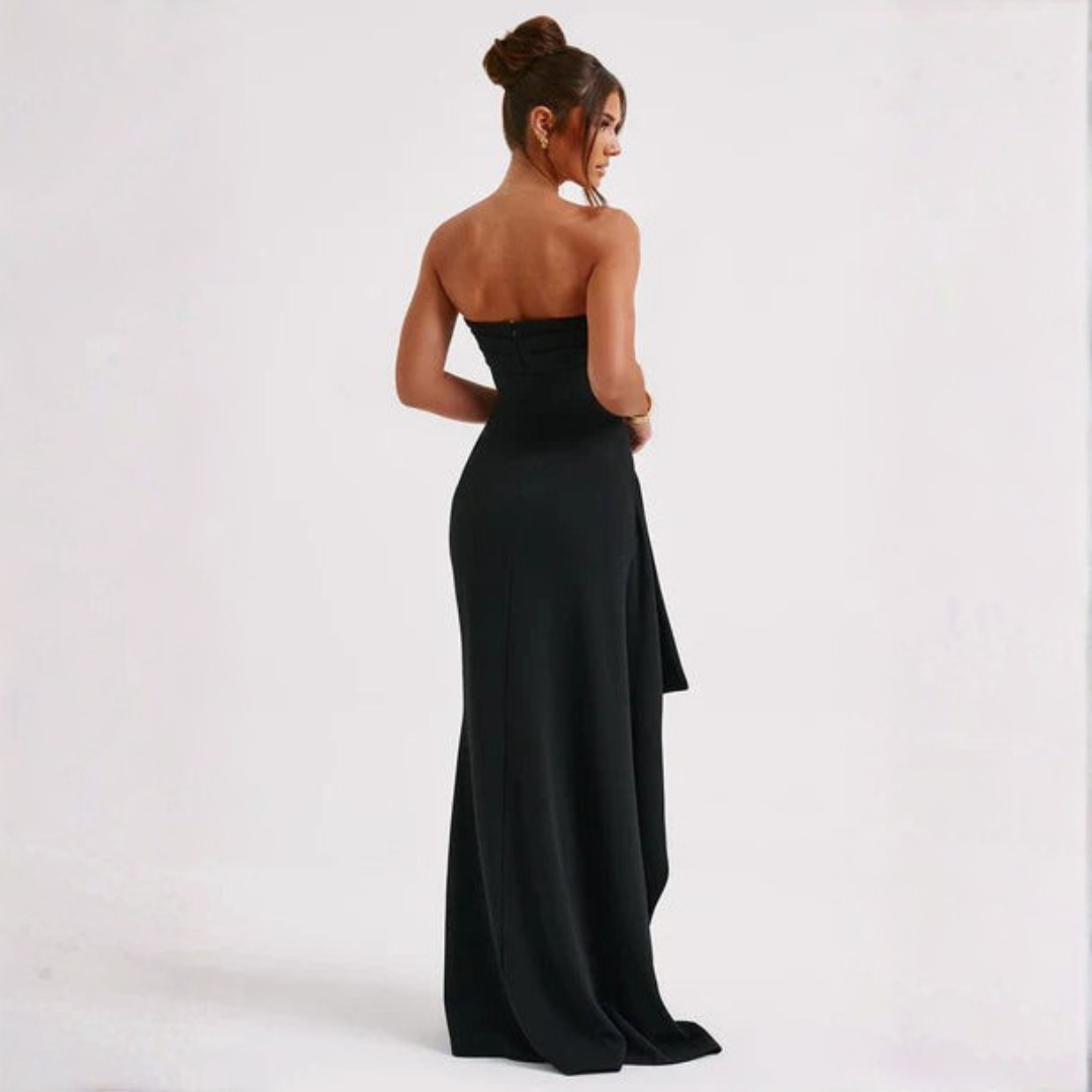 Strapless Ruched Crepe Maxi Dress with Thigh-High Split for Formal Events