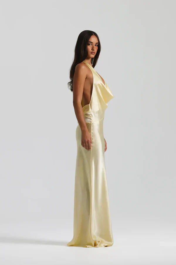 Cowl Neck Open Back Satin Maxi Dress for Evening Events and Formal Occasions