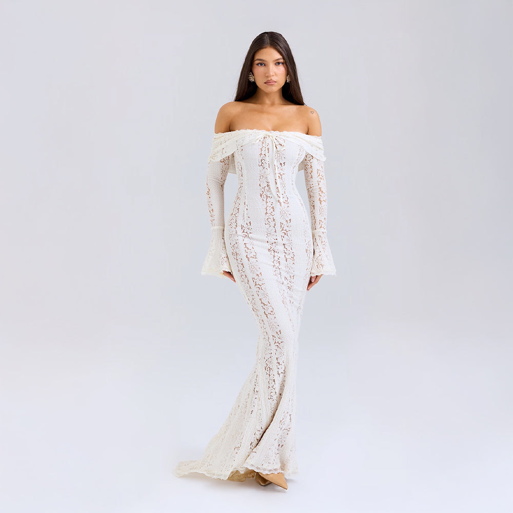 Off-Shoulder Lace Maxi Dress with Bell Sleeves for Formal Events