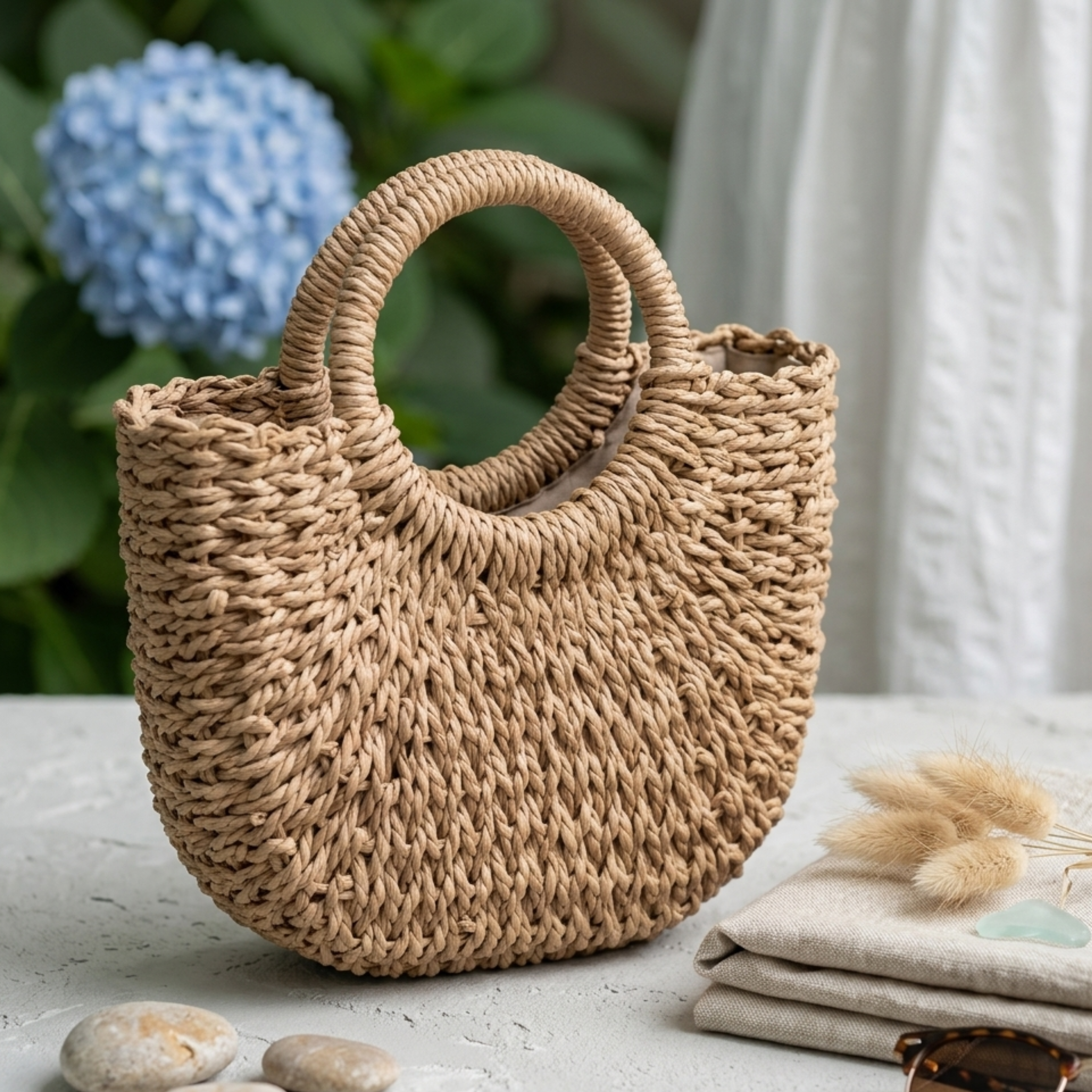 Boho Wicker Half-Circle Tote Handbag - Eco-Friendly Fashion Accessory