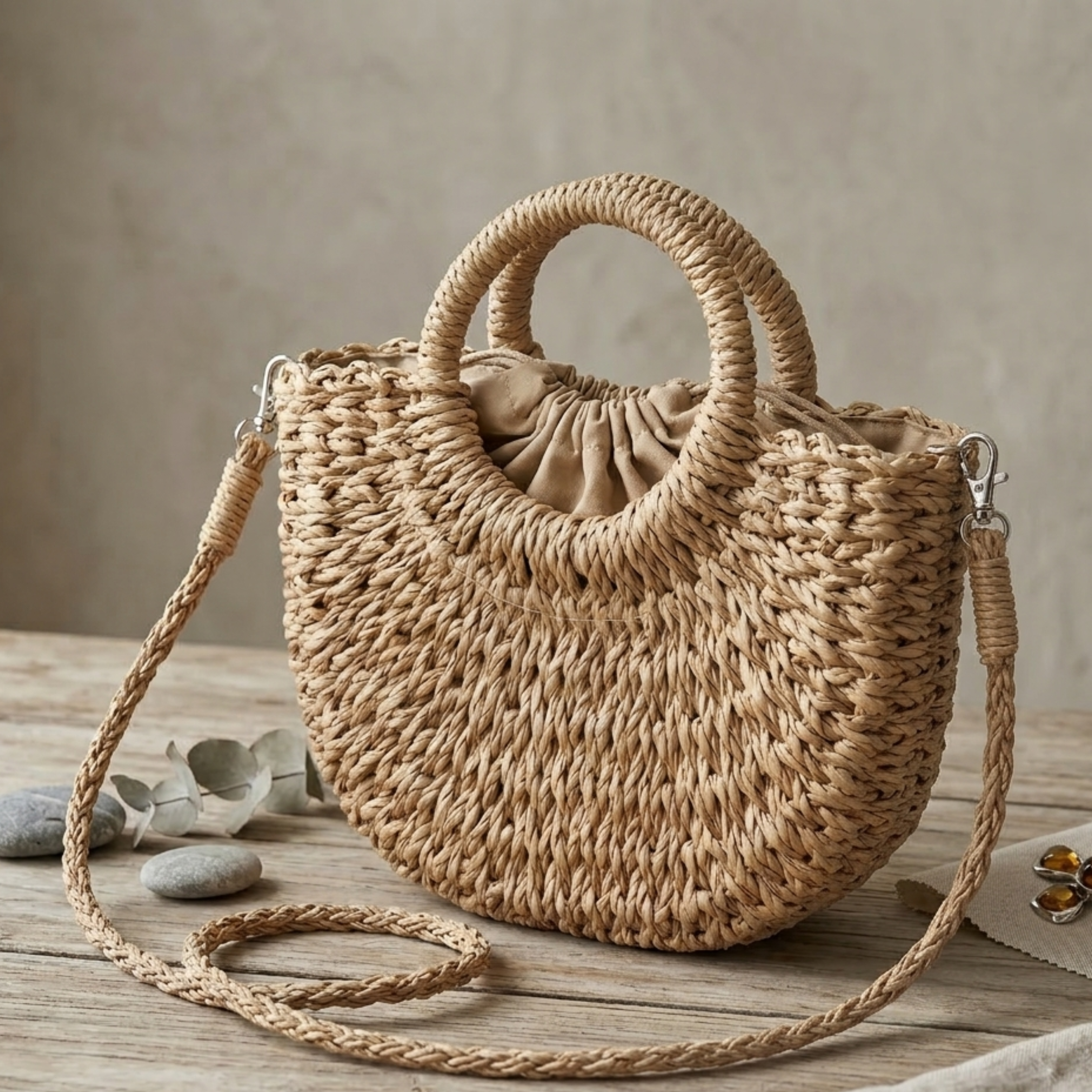 Boho Wicker Half-Circle Tote Handbag - Eco-Friendly Fashion Accessory