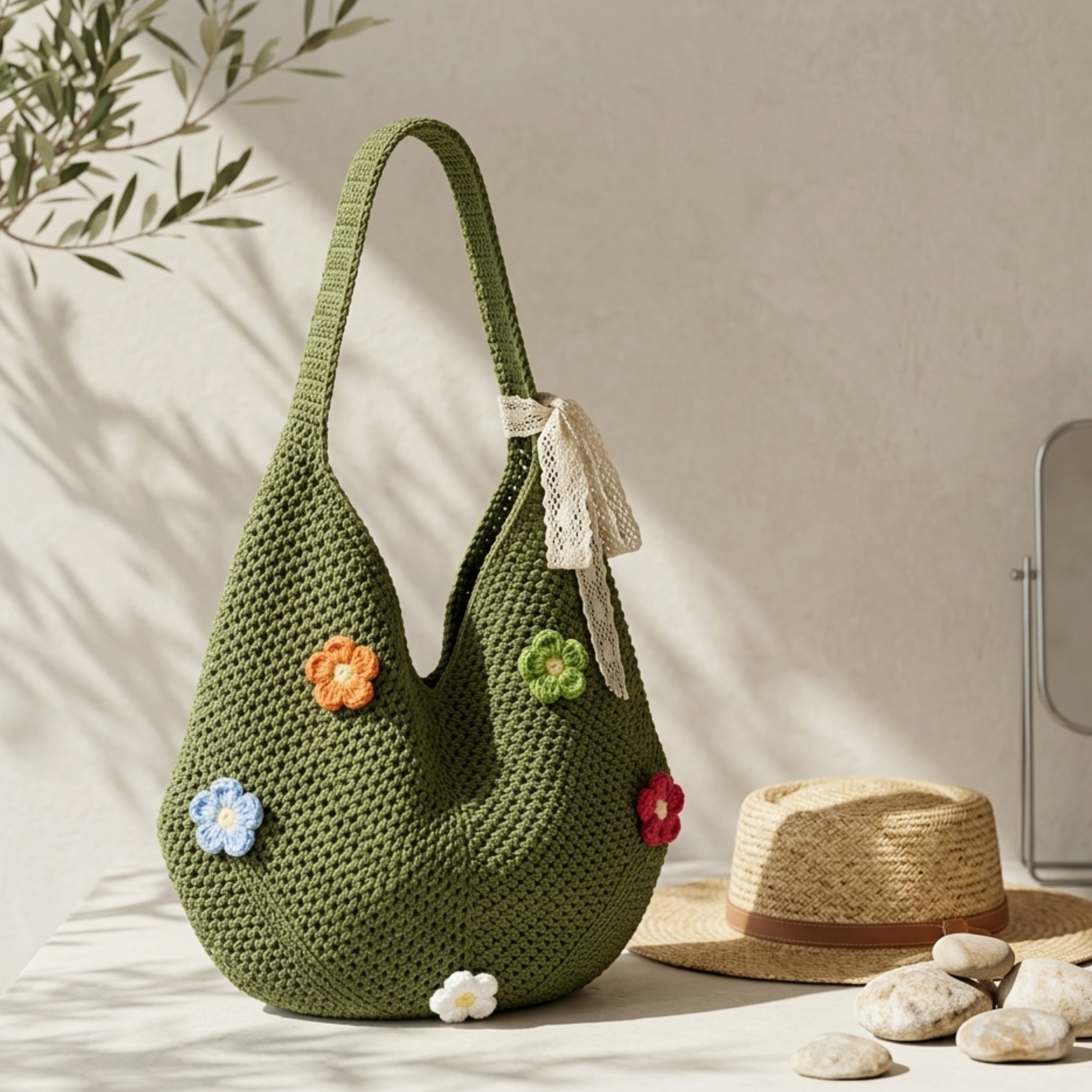Knitted Tote Bag - Mini Blossom Hollow-Out Design - Sustainable Fashion Accessory
