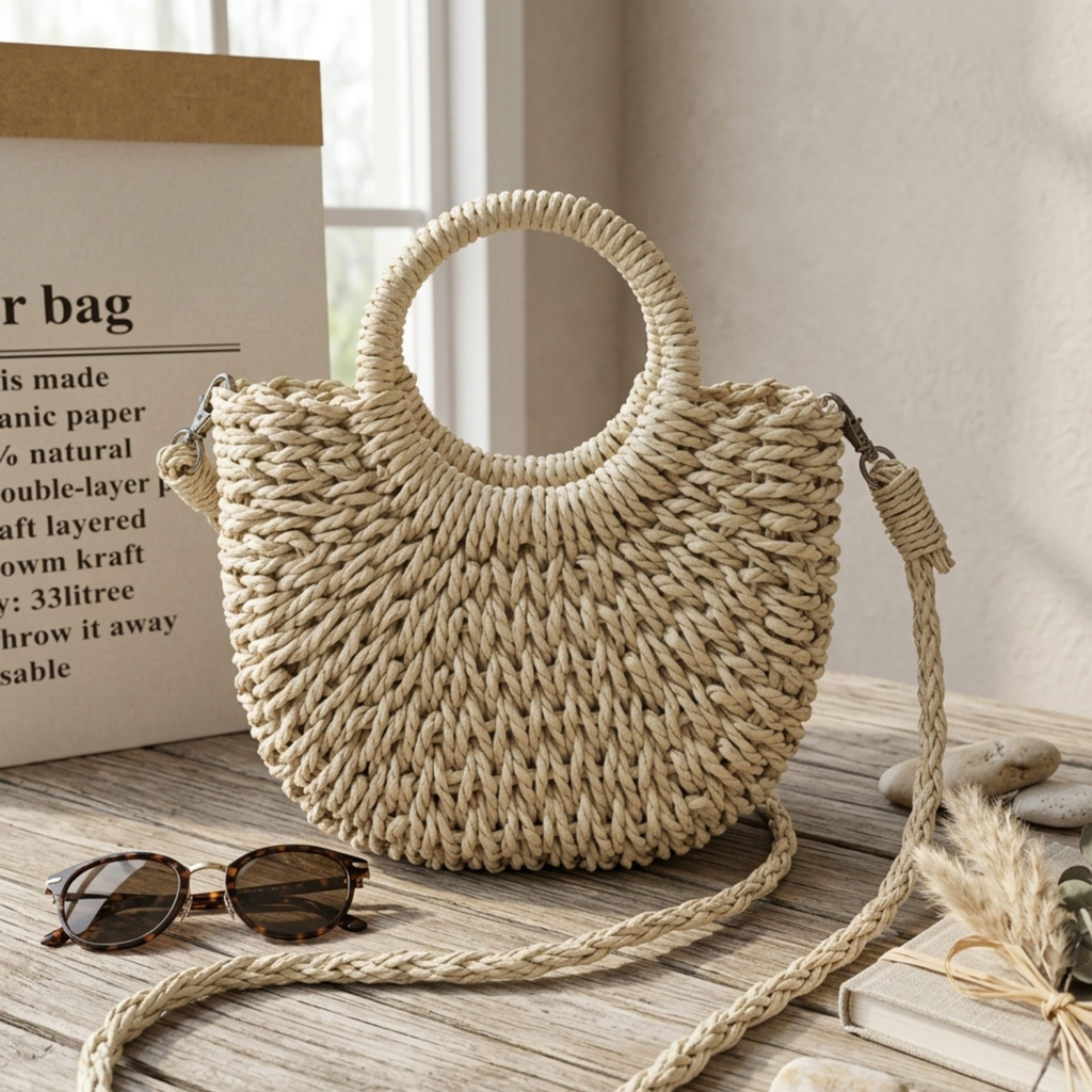 Boho Wicker Half-Circle Tote Handbag - Eco-Friendly Fashion Accessory