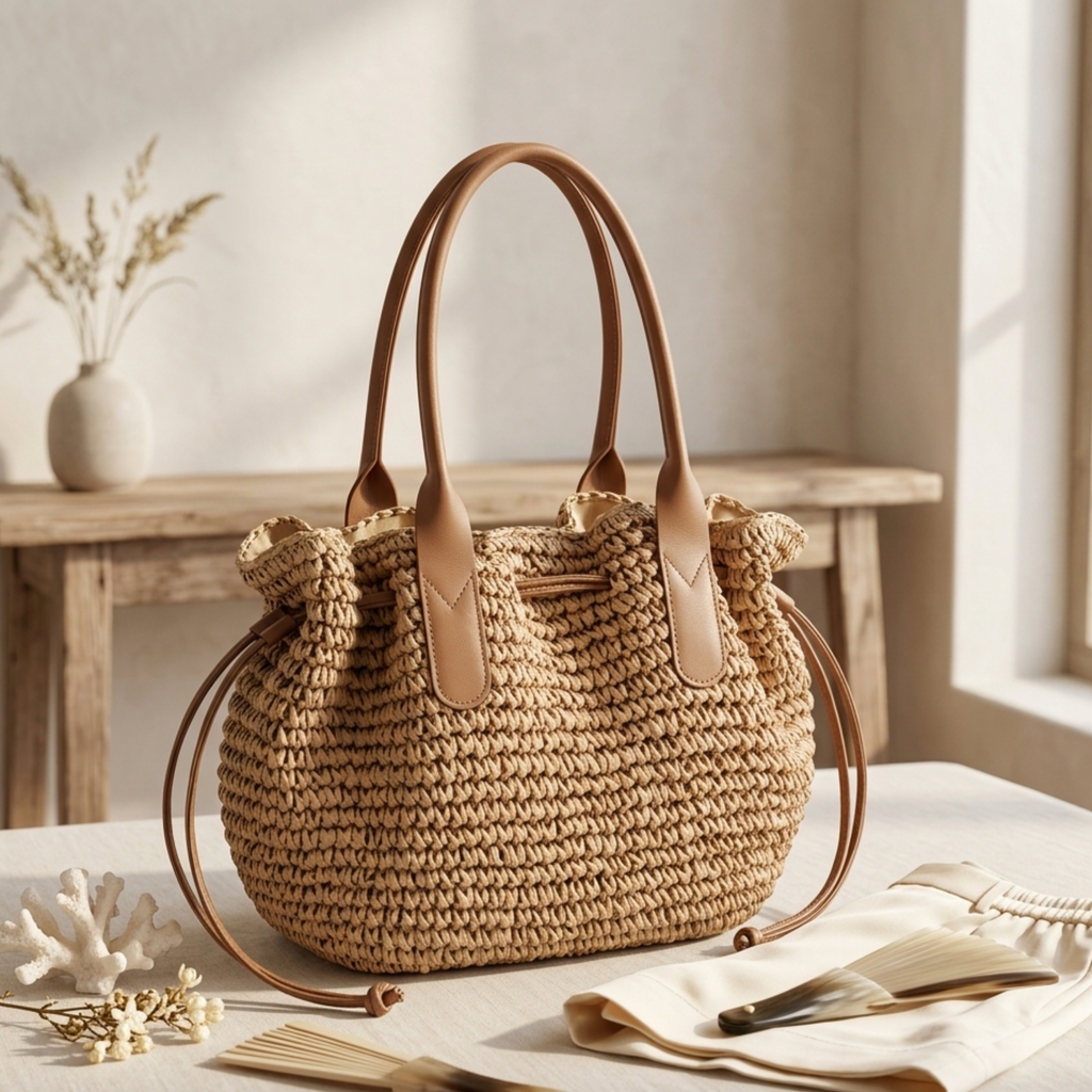 Handwoven Straw Tote Bag with Drawstring - Eco-Friendly Beach Bag