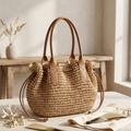 Handwoven Straw Tote Bag with Drawstring - Eco-Friendly Beach Bag