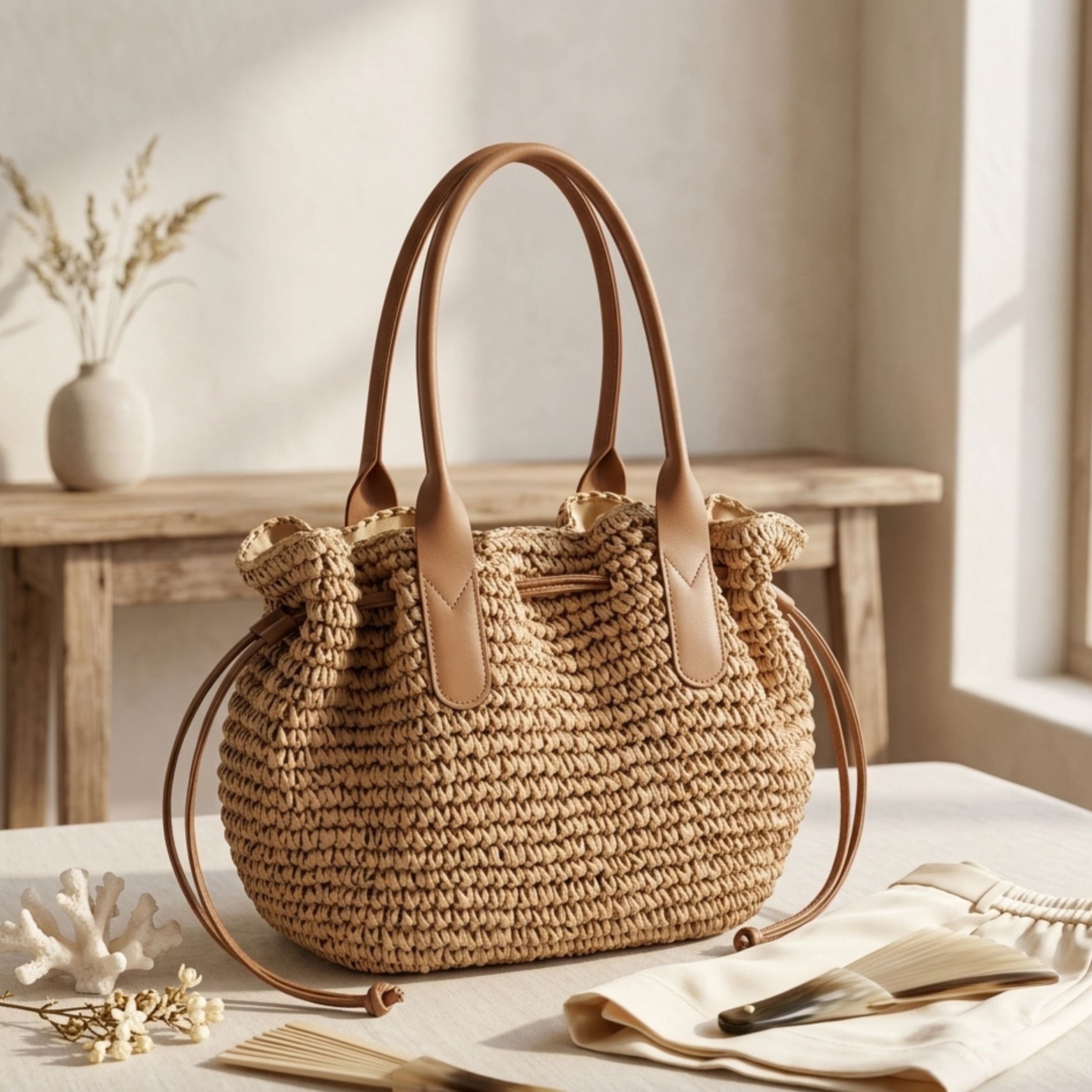 Handwoven Straw Tote Bag with Drawstring - Eco-Friendly Beach Bag