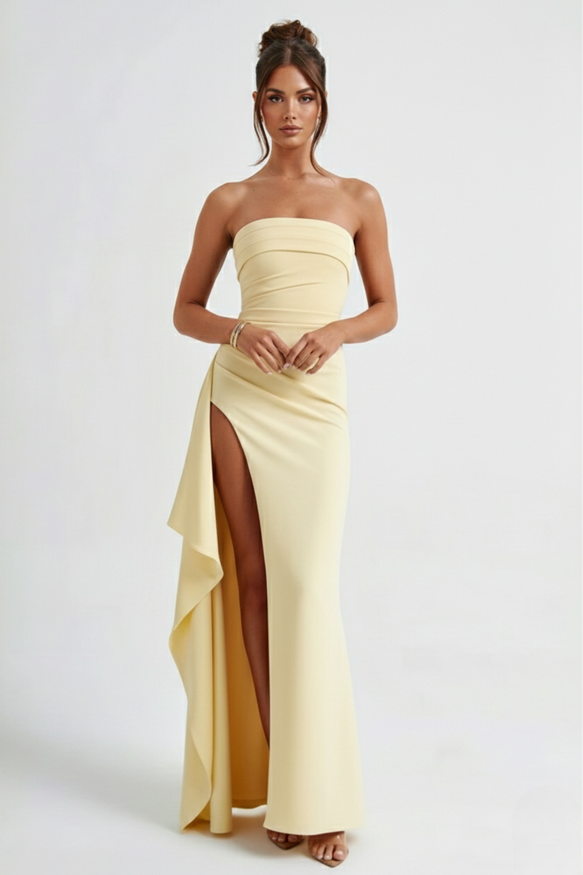 Strapless Ruched Crepe Maxi Dress with Thigh-High Split for Formal Events