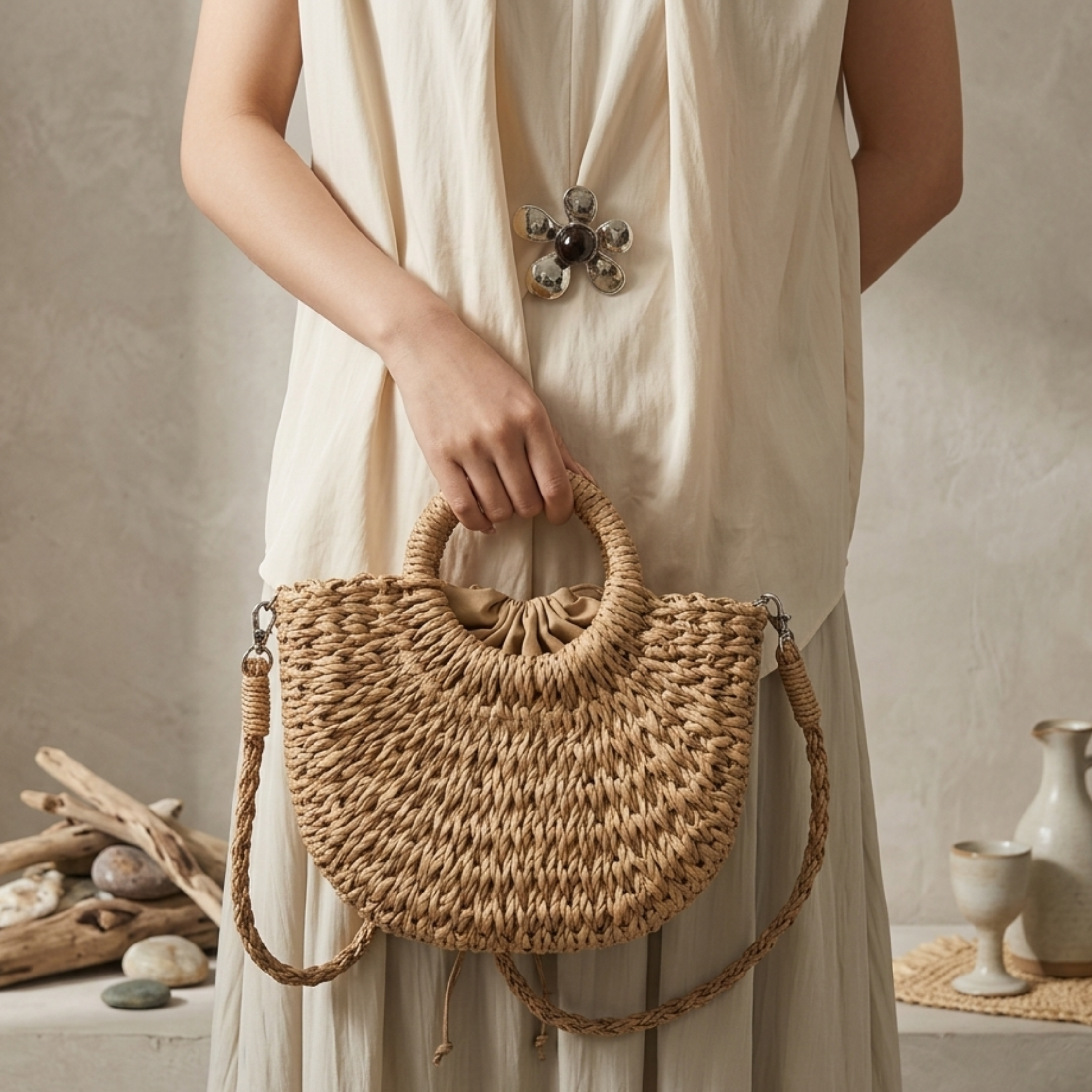 Boho Wicker Half-Circle Tote Handbag - Eco-Friendly Fashion Accessory