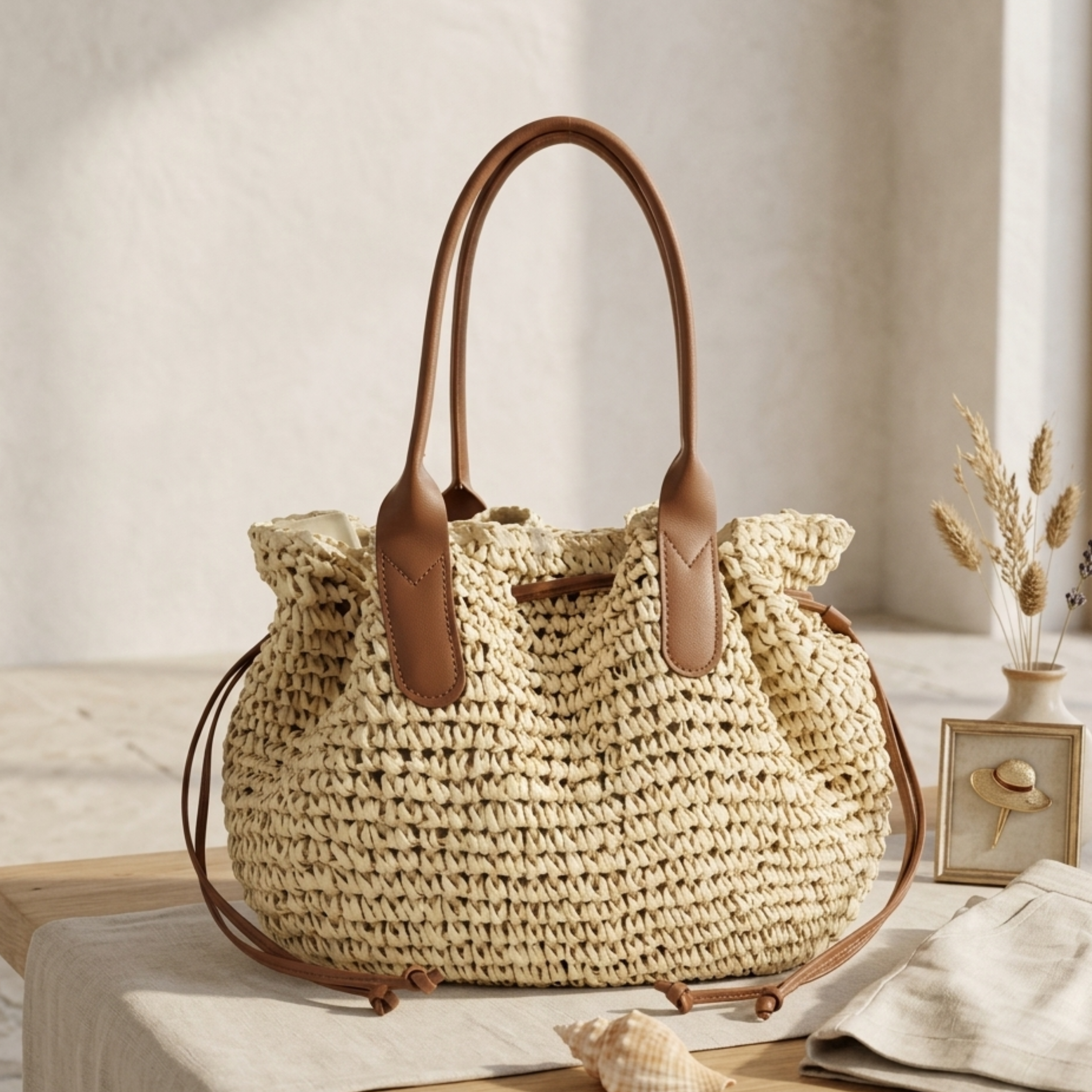 Handwoven Straw Tote Bag with Drawstring - Eco-Friendly Beach Bag