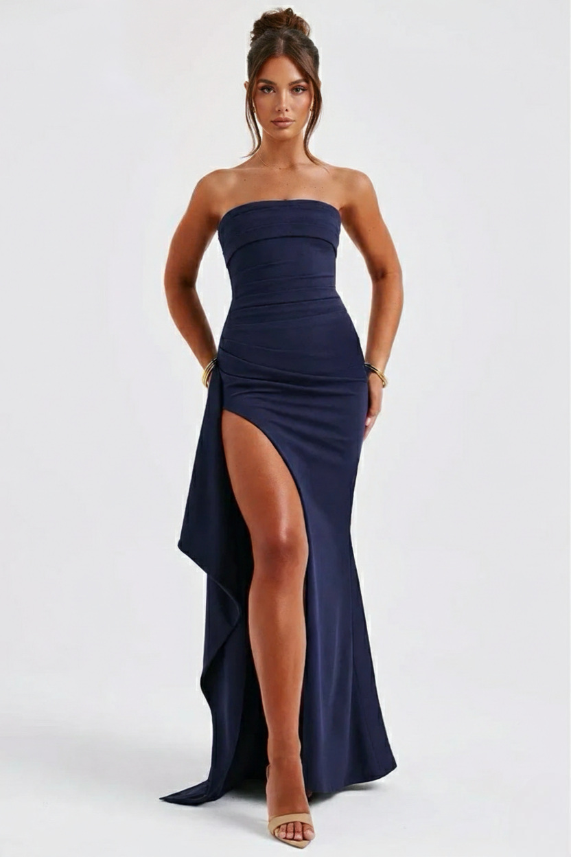 Strapless Ruched Crepe Maxi Dress with Thigh-High Split for Formal Events