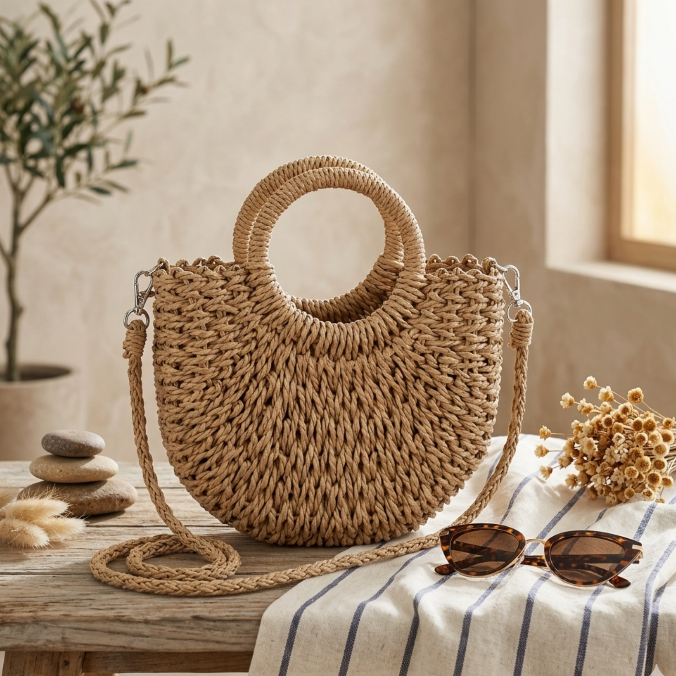 Half-Round Rattan Woven Crossbody Handbag - Eco-Friendly Fashion Accessory