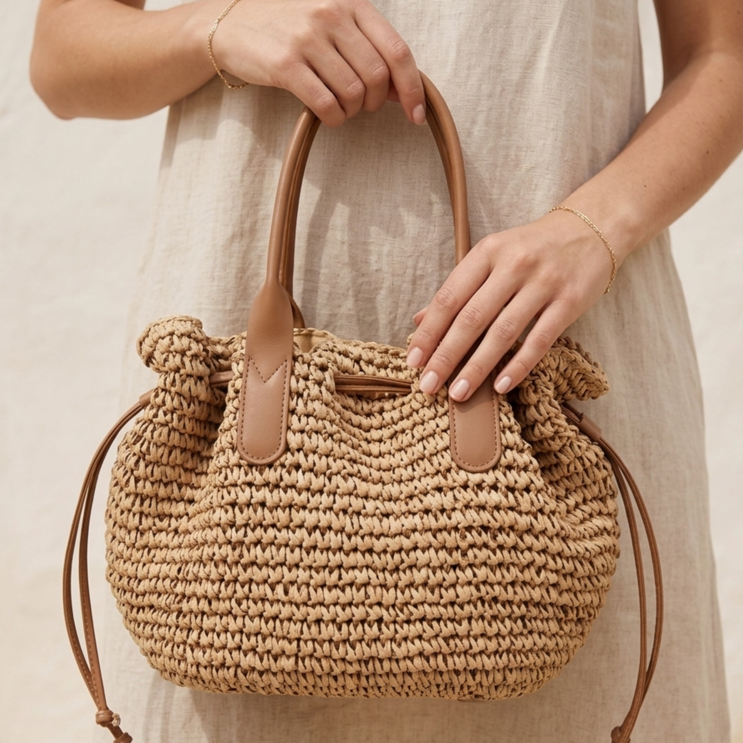 Handwoven Straw Tote Bag with Drawstring - Eco-Friendly Beach Bag