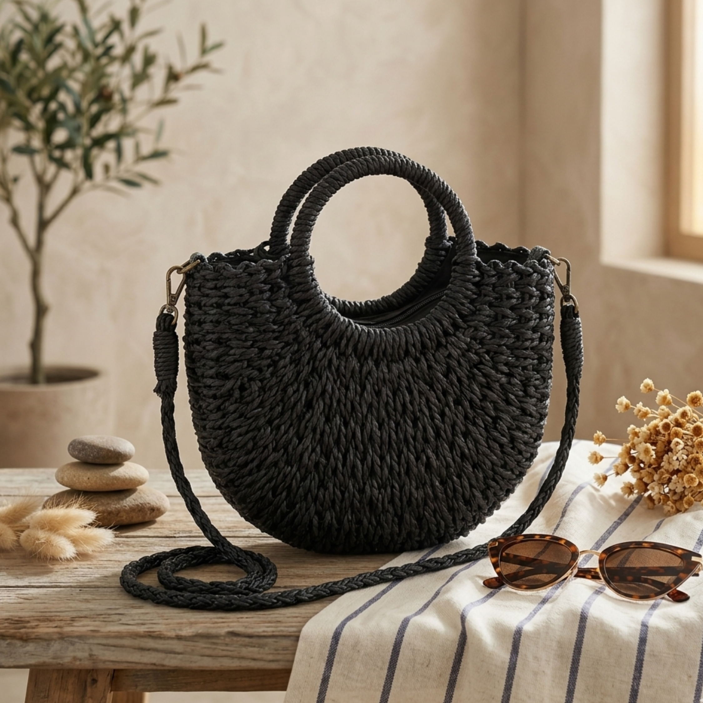 Half-Round Rattan Woven Crossbody Handbag - Eco-Friendly Fashion Accessory
