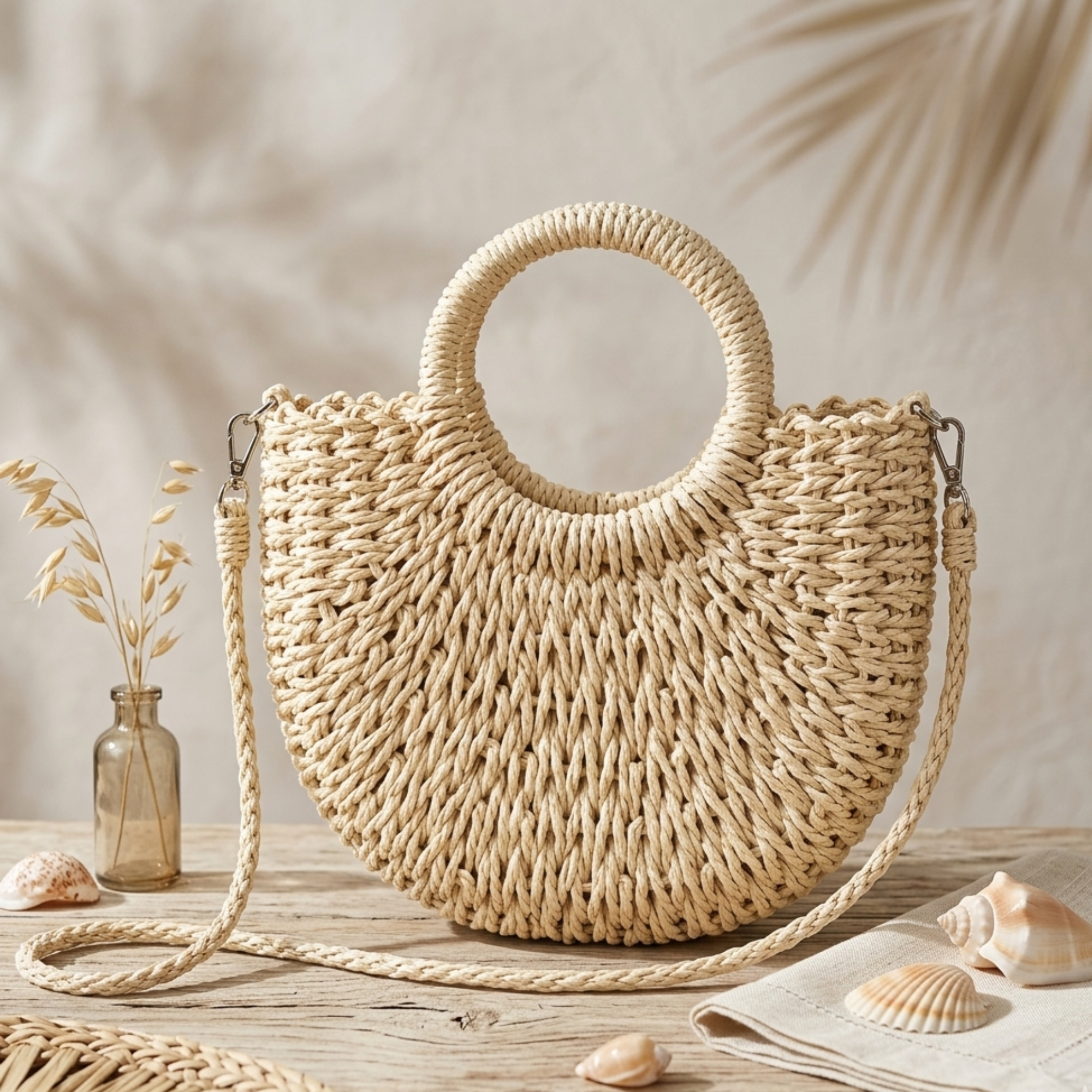 Half-Round Rattan Woven Crossbody Handbag - Eco-Friendly Fashion Accessory