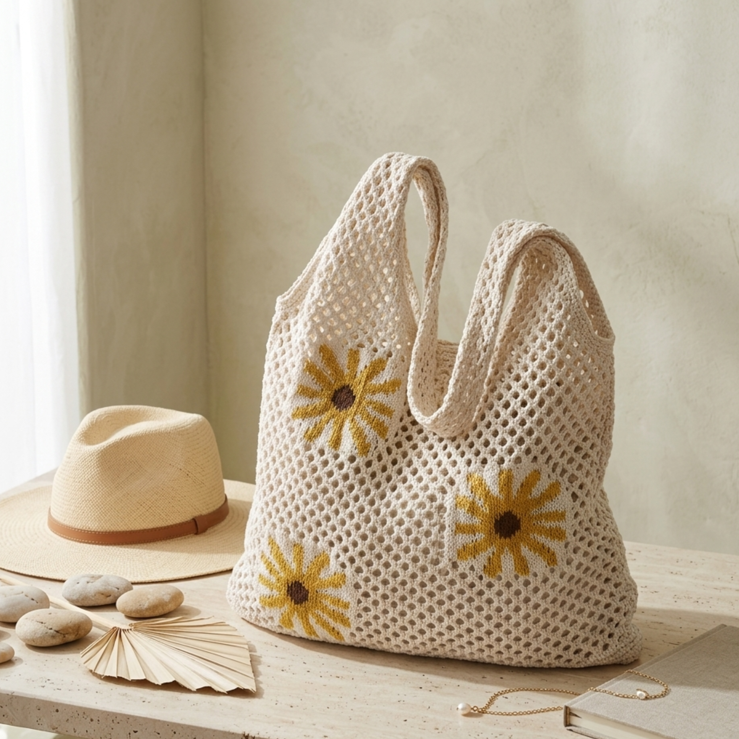 Knitted Tote Bag - Mini Blossom Hollow-Out Design - Sustainable Fashion Accessory