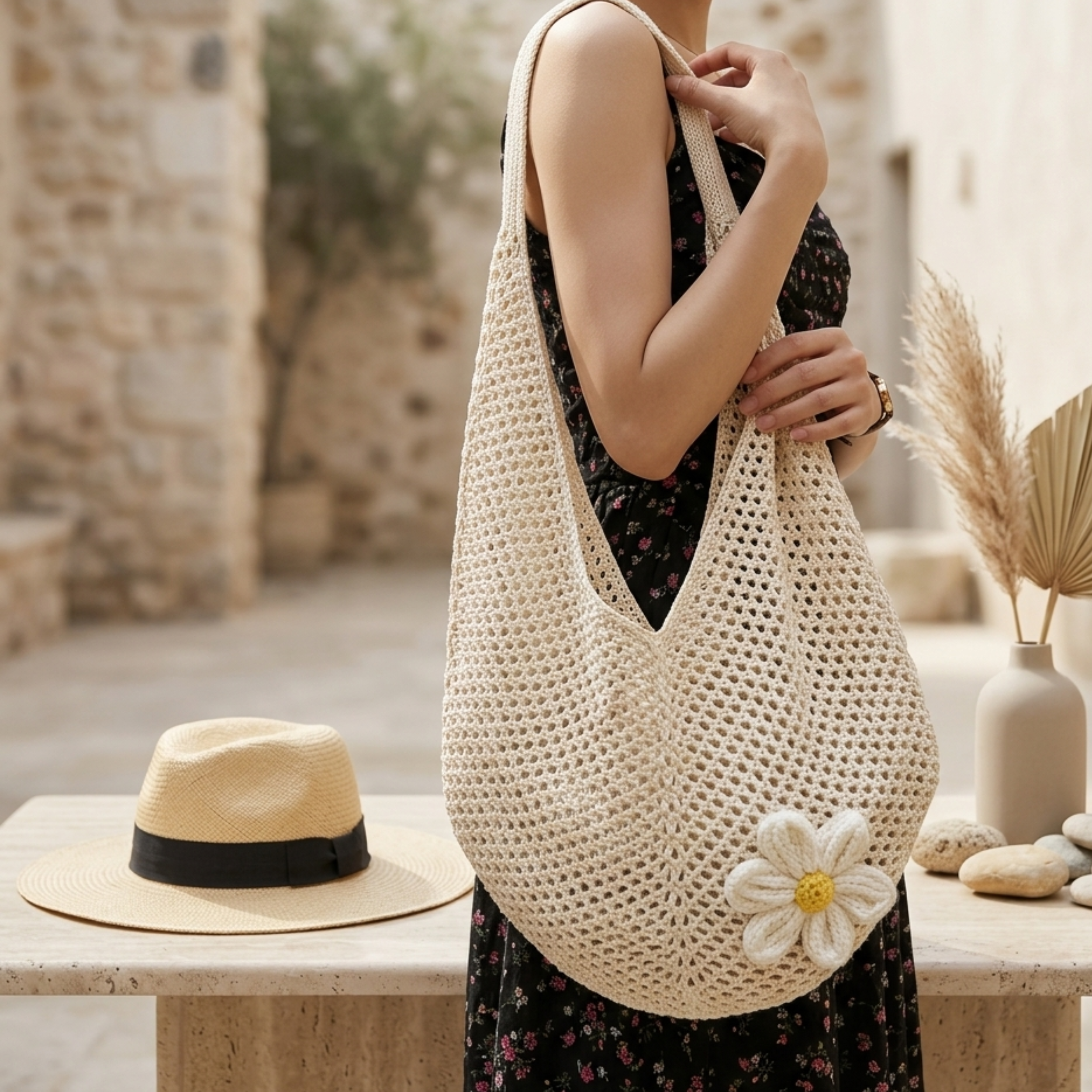 Hollow-Out Knitted Tote Bag - Sustainable Fashion Accessory for Everyday Use