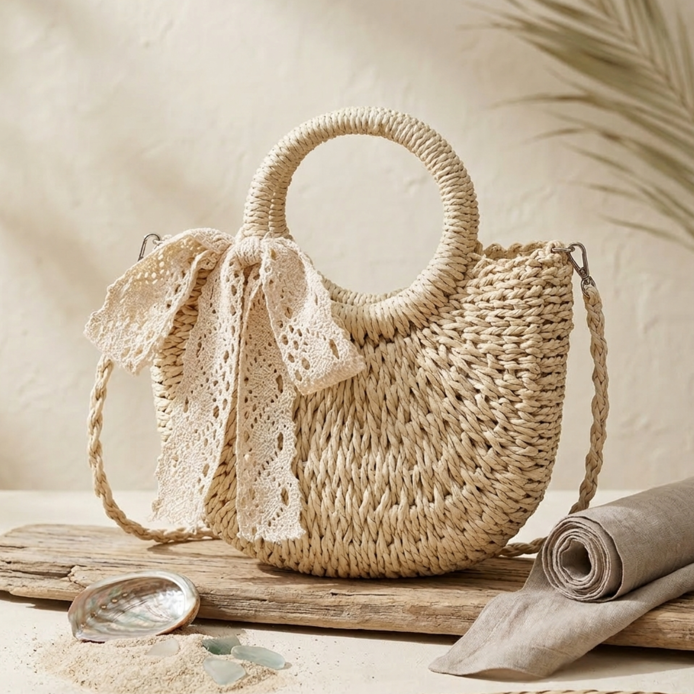 Half-Round Rattan Woven Crossbody Handbag - Eco-Friendly Fashion Accessory