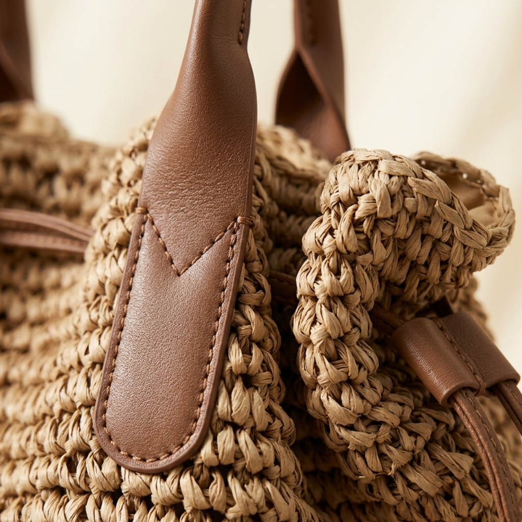 Handwoven Straw Tote Bag with Drawstring - Eco-Friendly Beach Bag