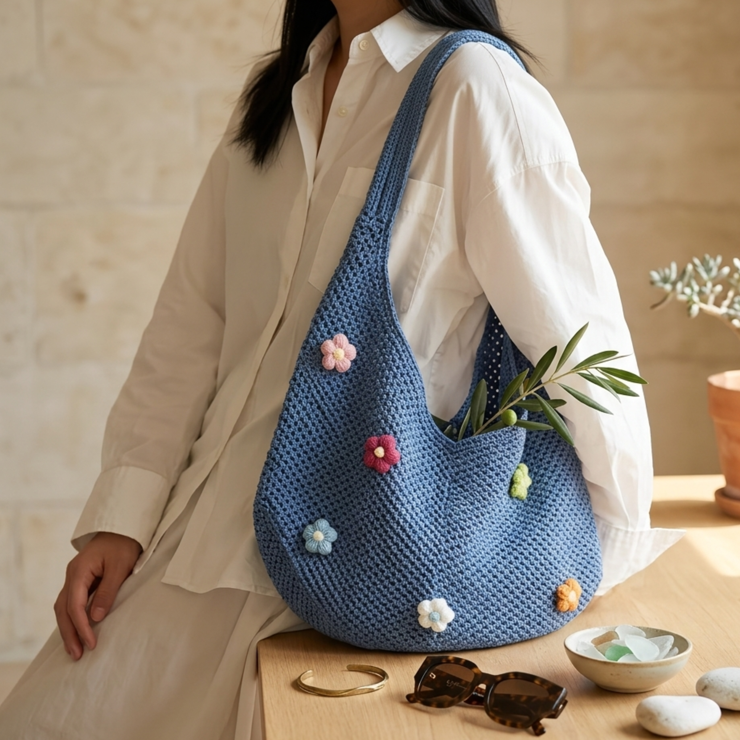 Knitted Tote Bag - Mini Blossom Hollow-Out Design - Sustainable Fashion Accessory