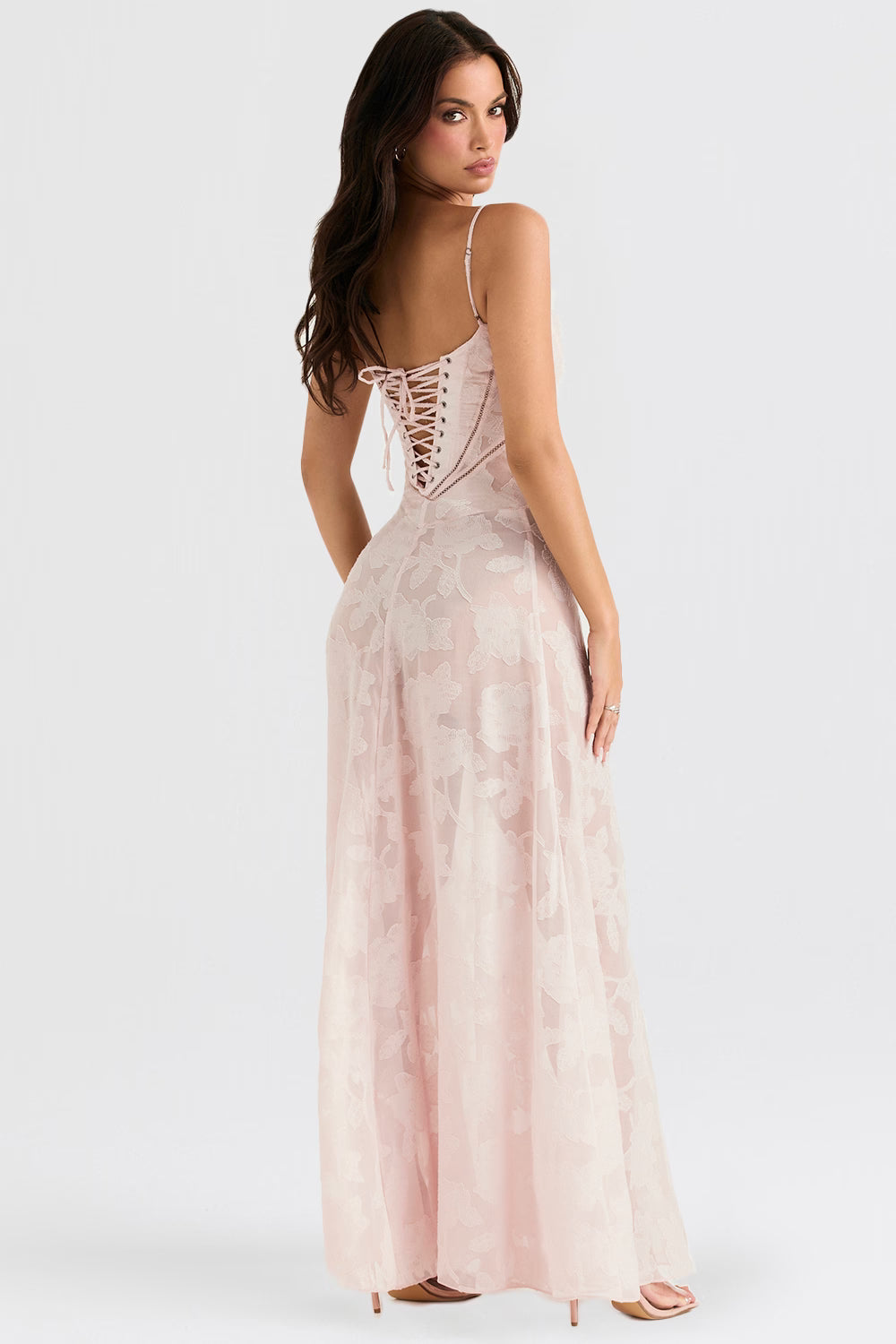 Floral Jacquard Lace-Up Maxi Dress for Women - Elegant Evening Wear