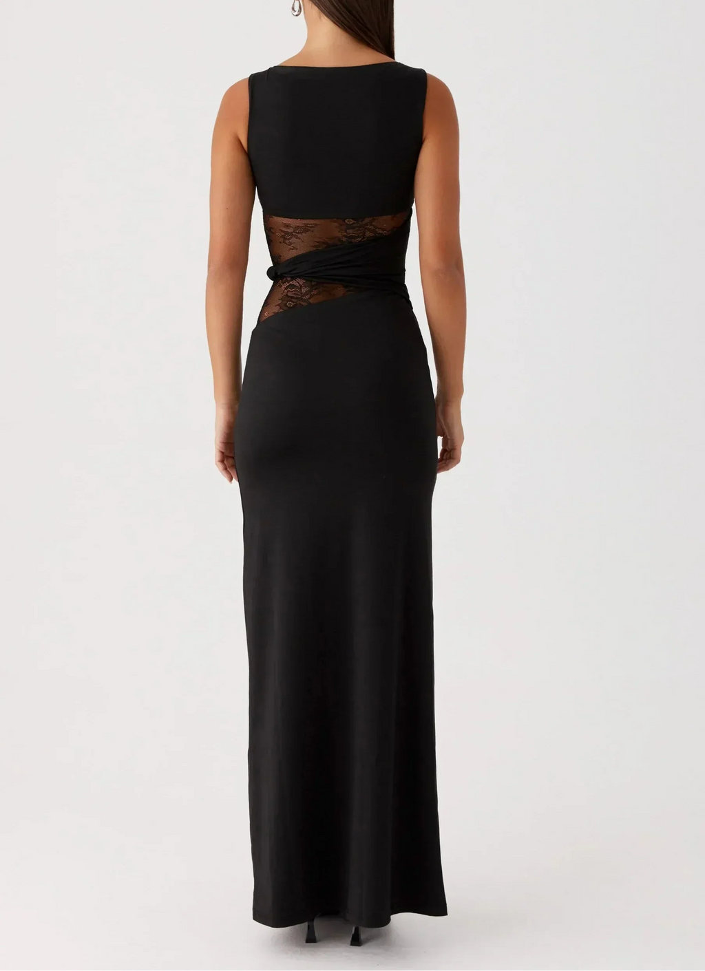 Black Maxi Dress with Lace Cutout Waist - Elegant Evening Wear for Women
