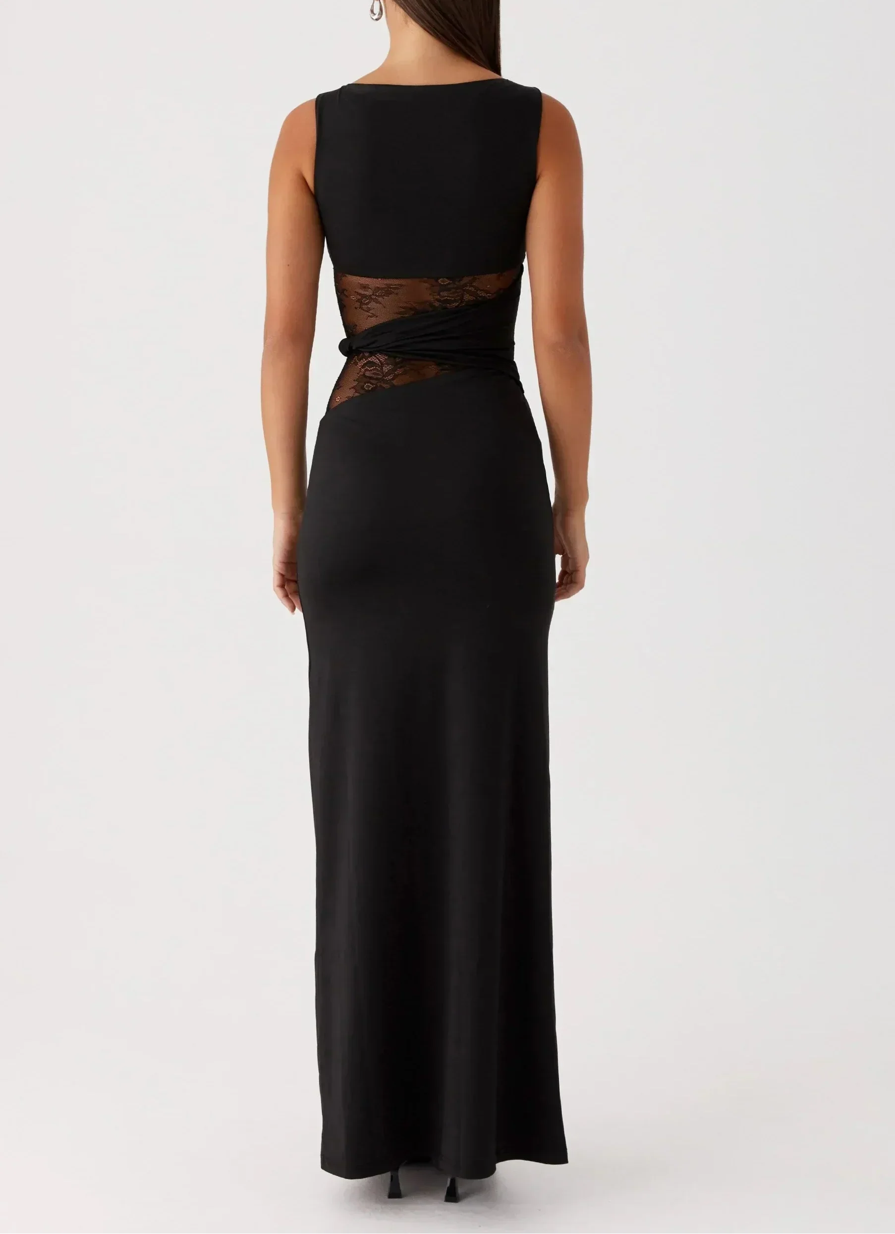 Black Maxi Dress with Lace Cutout Waist - Elegant Evening Wear for Women