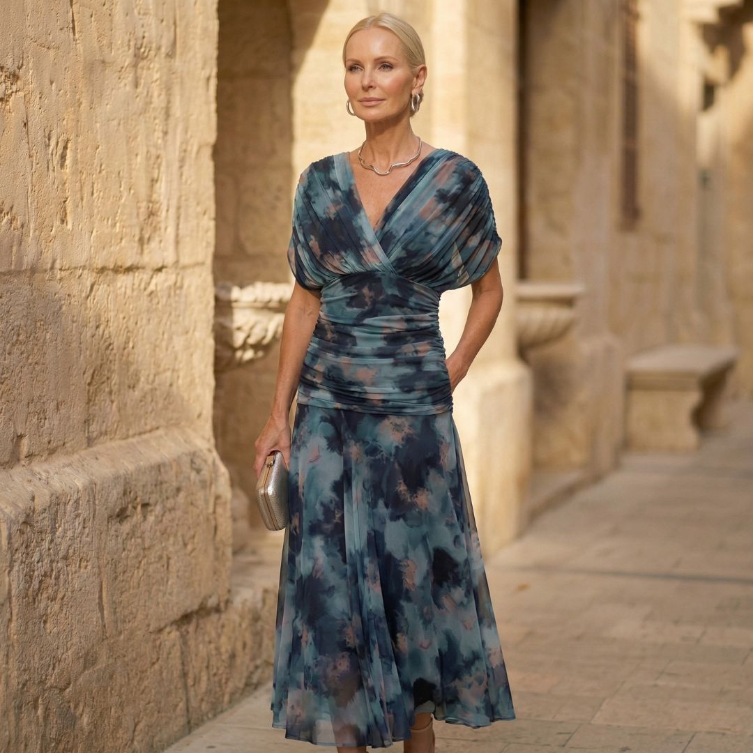 Blue V-Neck Wrap Midi Dress – Summer Wedding Ready