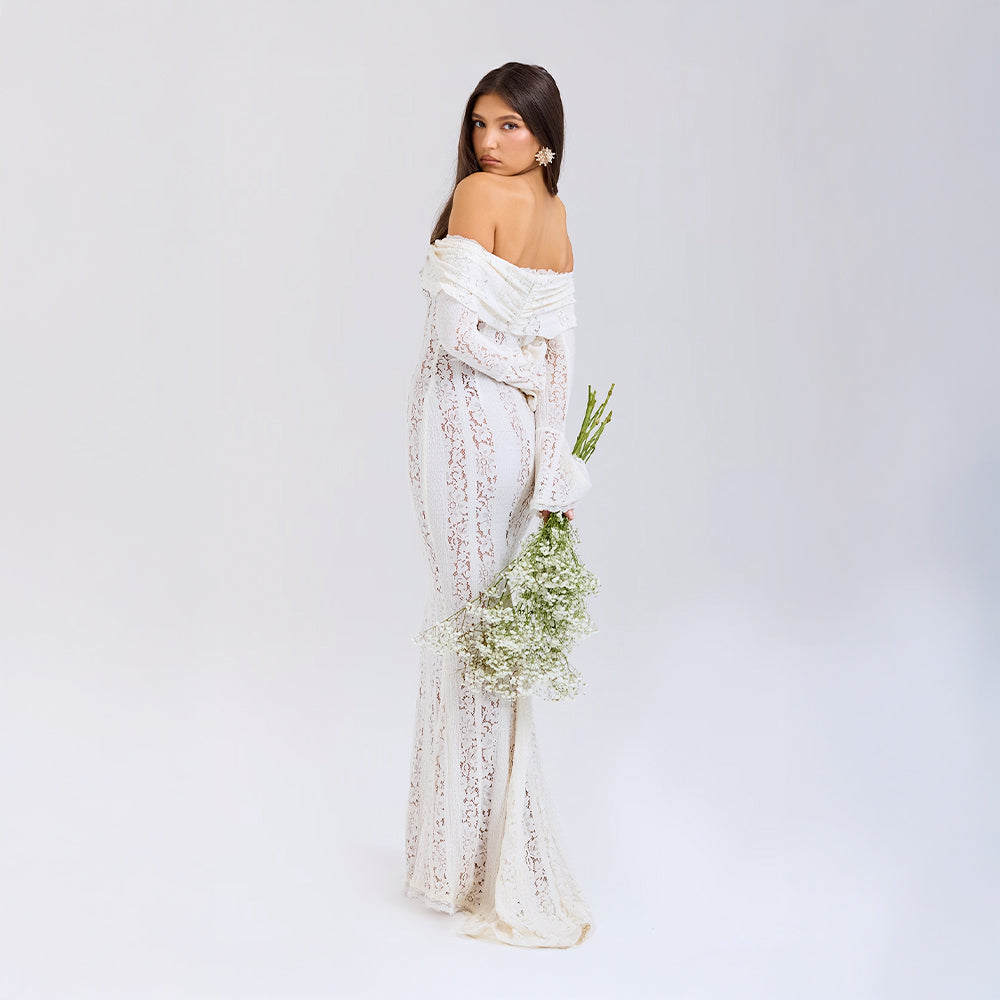 Off-Shoulder Lace Maxi Dress with Bell Sleeves for Formal Events