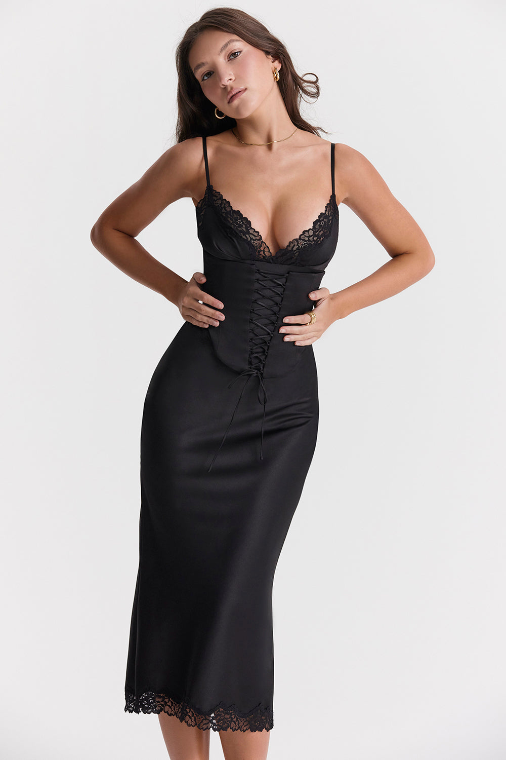 Black Satin Midi Dress with Detachable Corset for Evening Wear