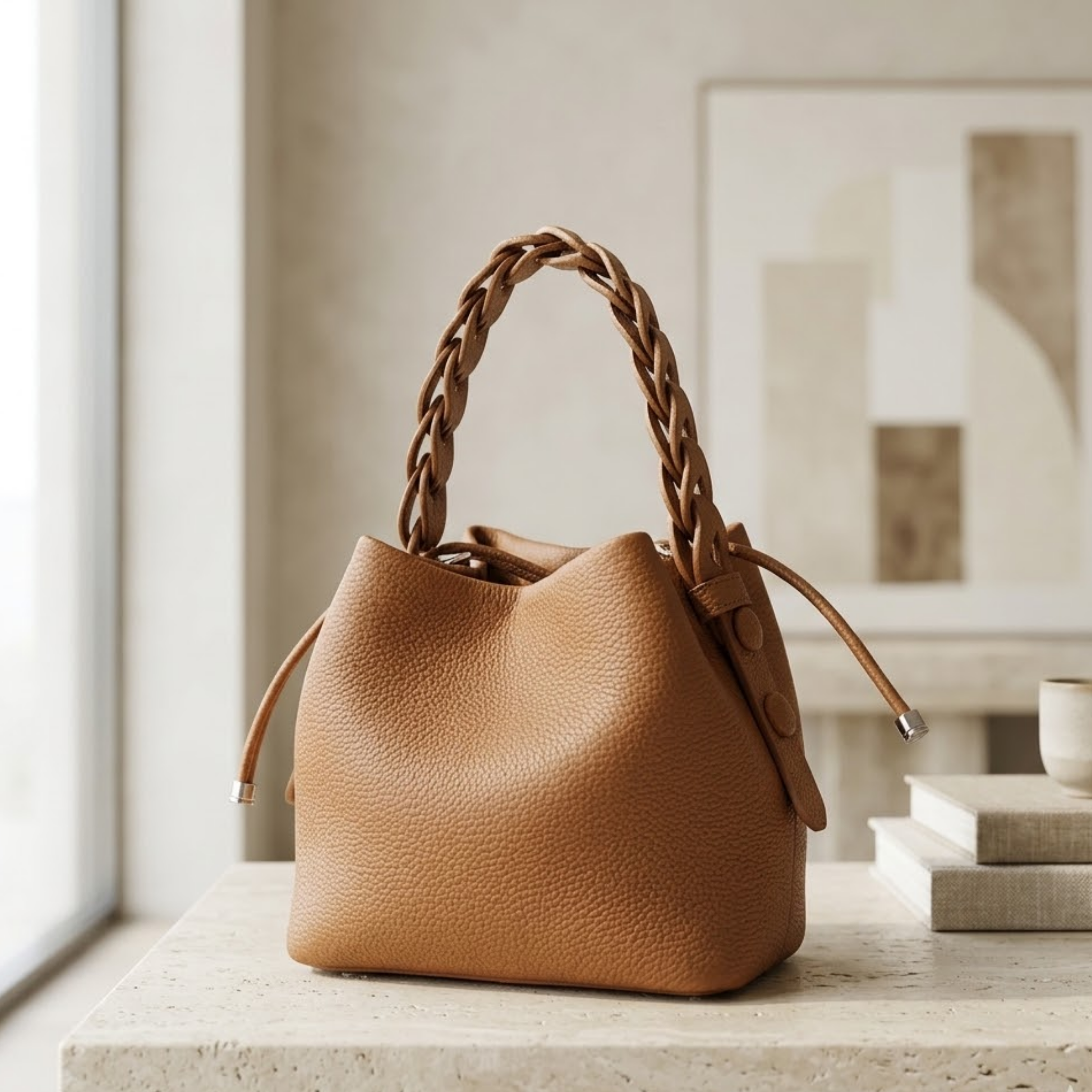 Top-Grain Leather Bucket Bag - Stylish Everyday Tote for Women