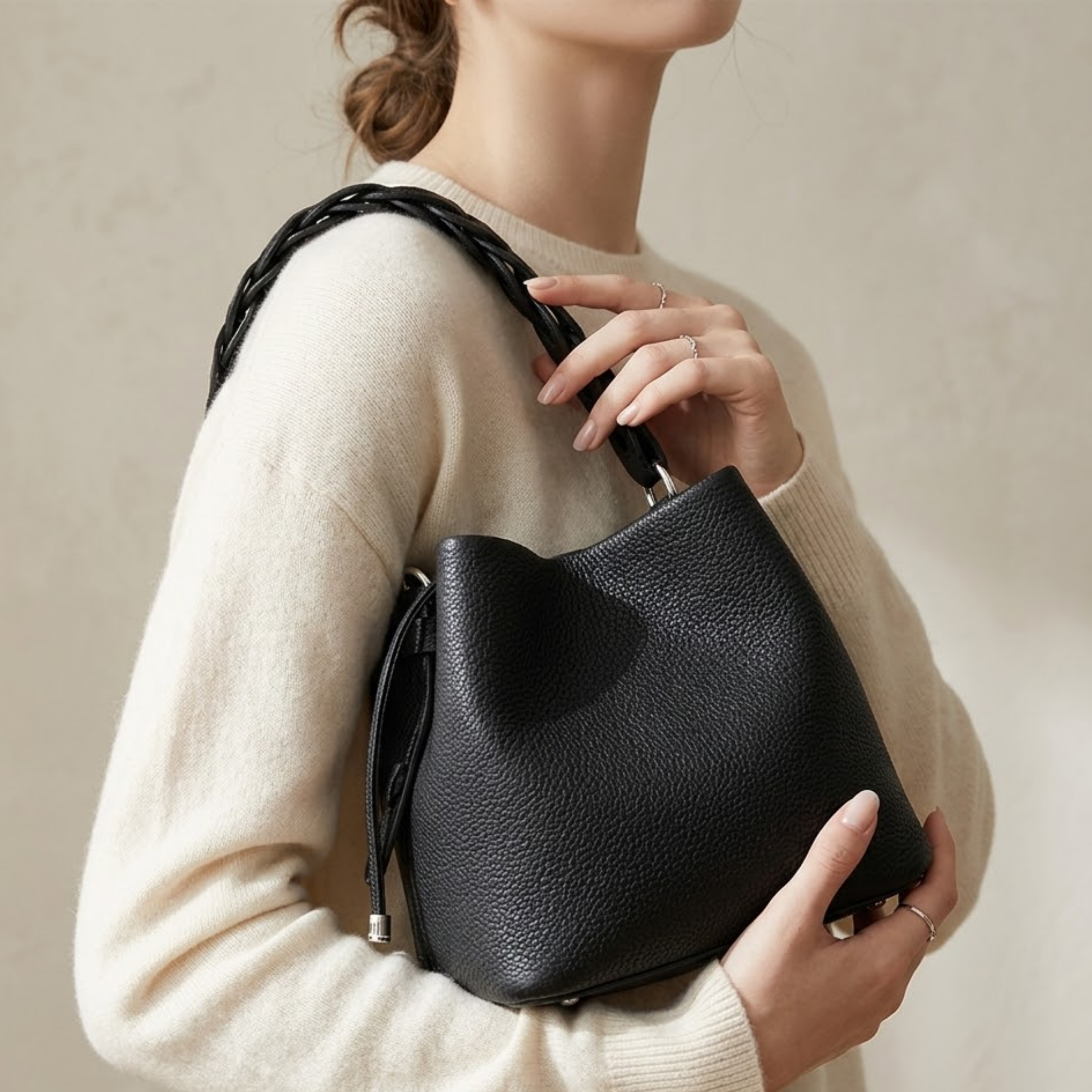 Top-Grain Leather Bucket Bag - Stylish Everyday Tote for Women