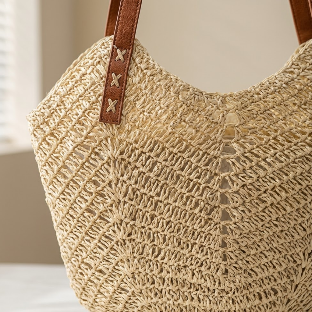 Handwoven Raffia Beach Tote Bag - Coastal Classic Shoulder Bag for Summer