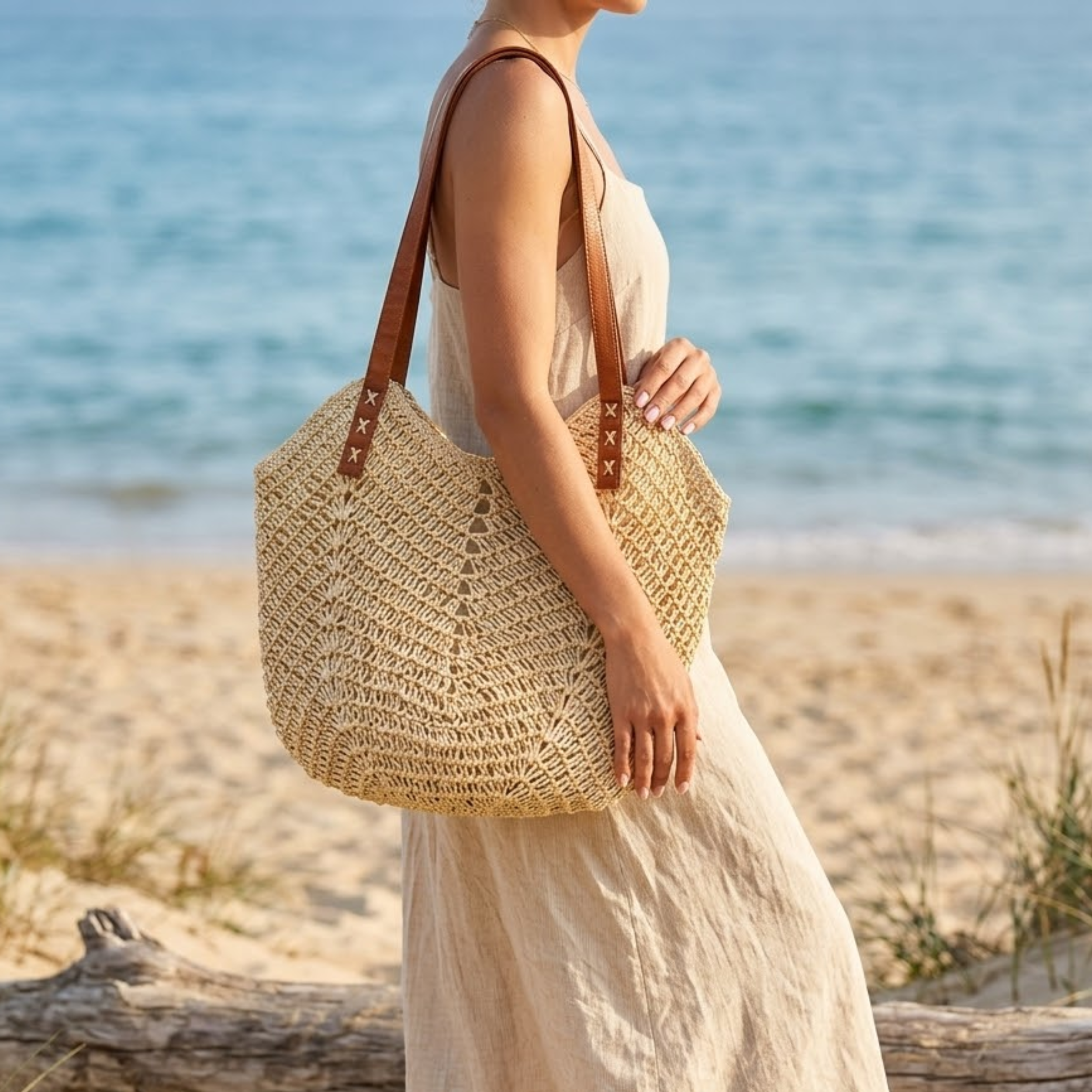 Handwoven Raffia Beach Tote Bag - Coastal Classic Shoulder Bag for Summer