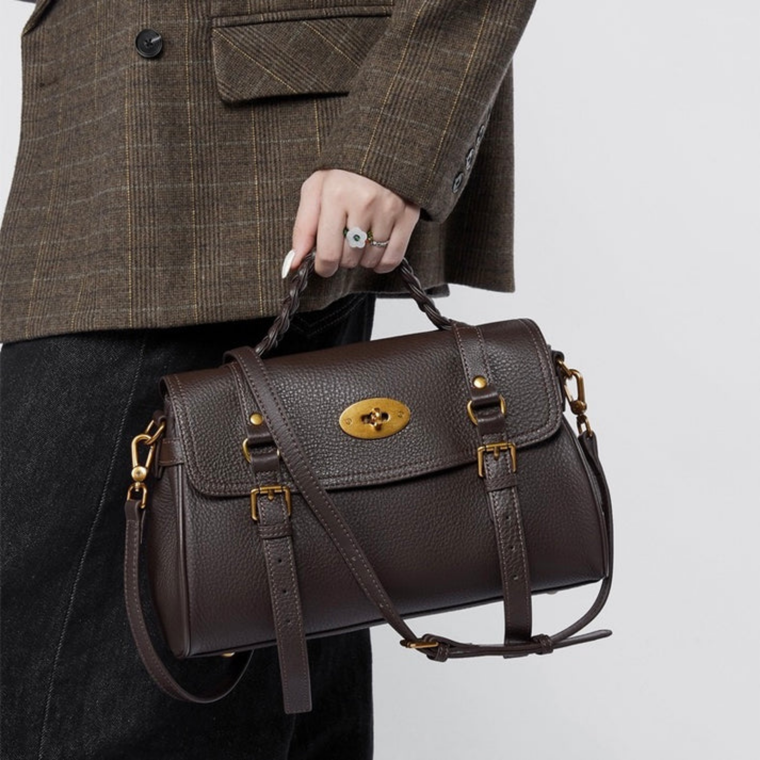 Genuine Leather Braided Handle Satchel Bag for Everyday Use