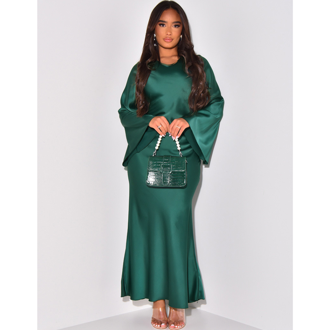 Satin Maxi Dress with Tie Back - Elegant Fitted Evening Gown