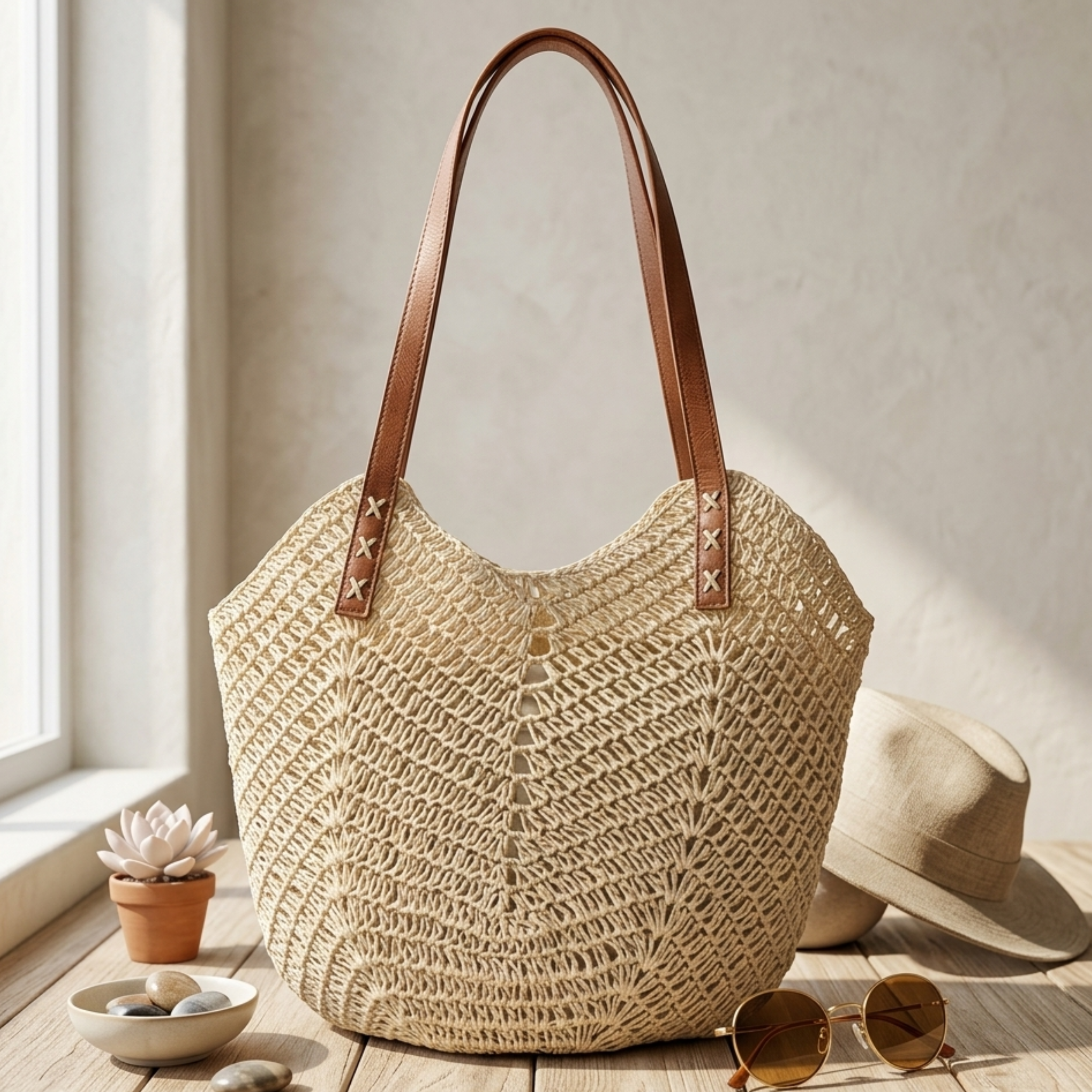 Handwoven Raffia Beach Tote Bag - Coastal Classic Shoulder Bag for Summer