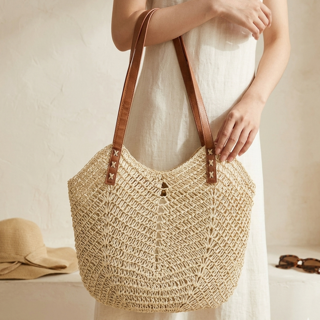 Handwoven Raffia Beach Tote Bag - Coastal Classic Shoulder Bag for Summer