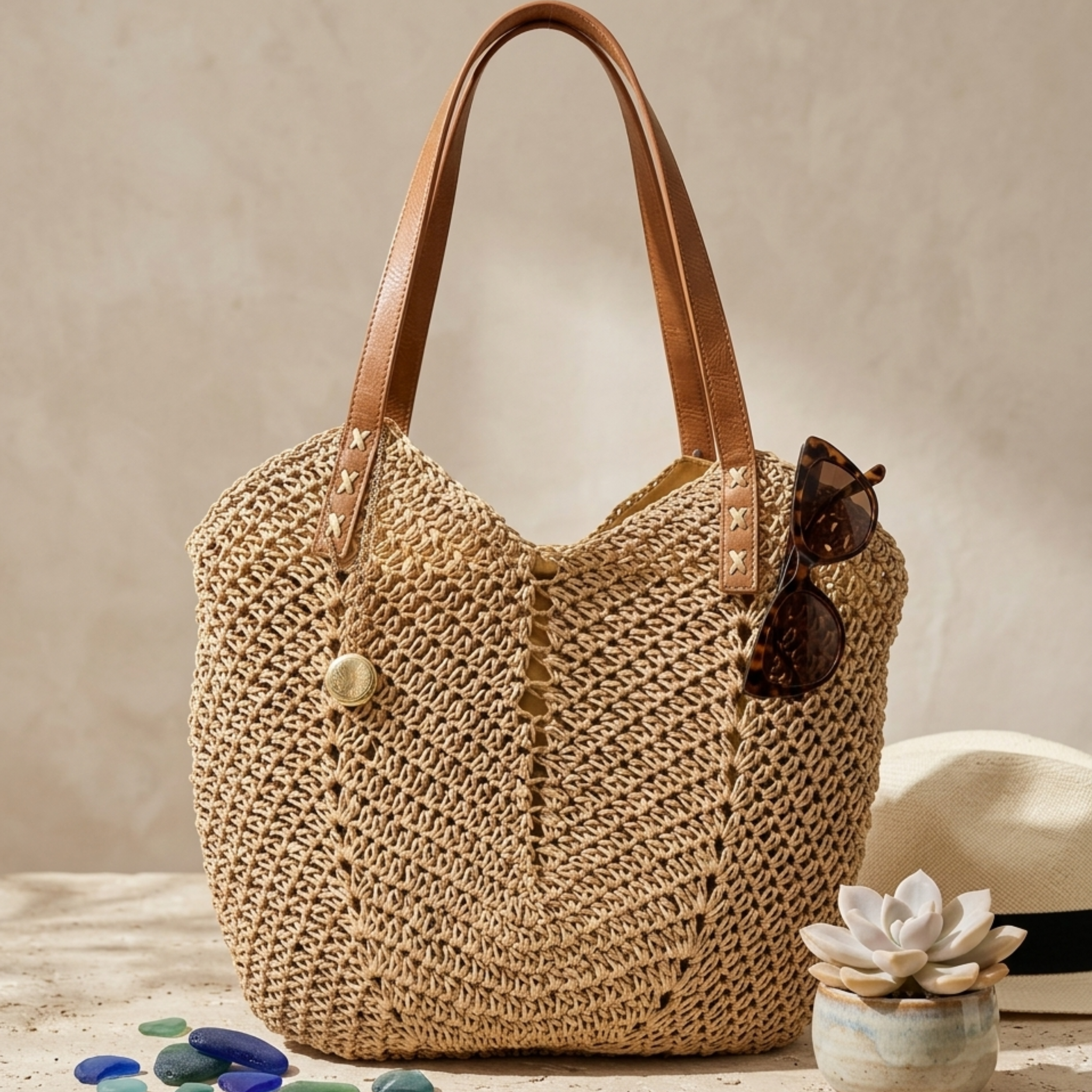 Handwoven Raffia Beach Tote Bag - Coastal Classic Shoulder Bag for Summer