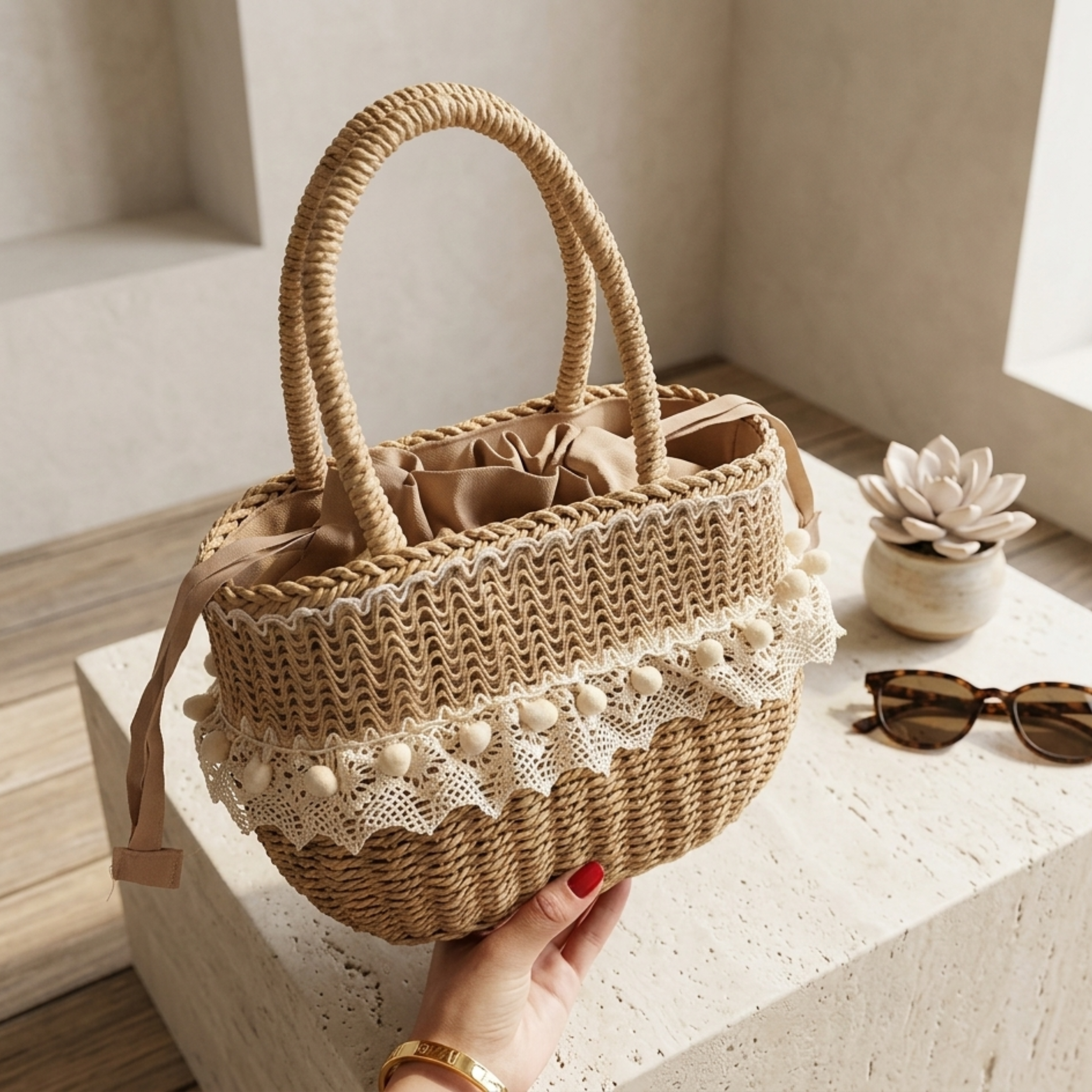 Straw Woven Handbag with Lace Detail – Sustainable Purse for Everyday Use