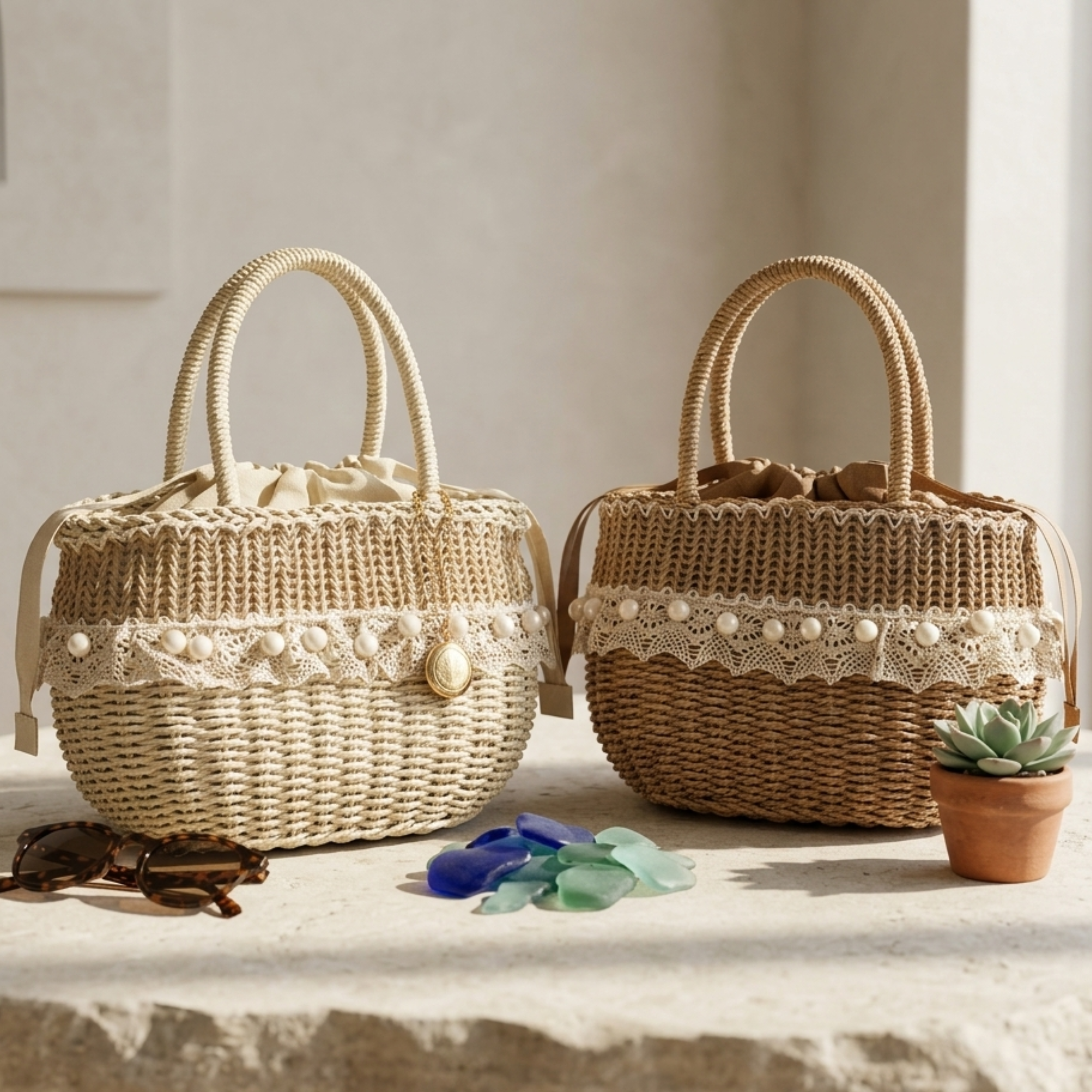 Straw Woven Handbag with Lace Detail – Sustainable Purse for Everyday Use