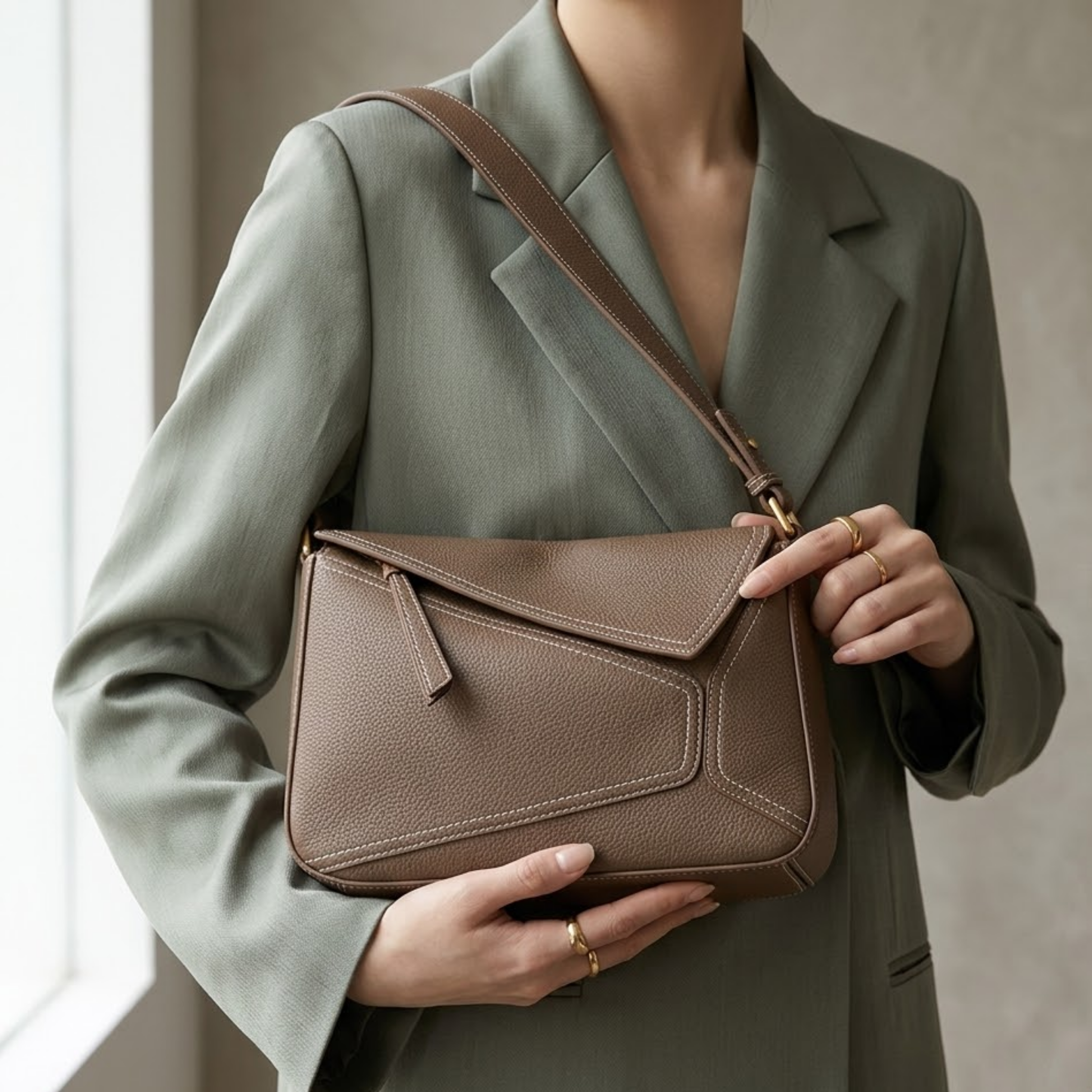 Genuine Leather Geometric Crossbody Shoulder Bag for Everyday Use