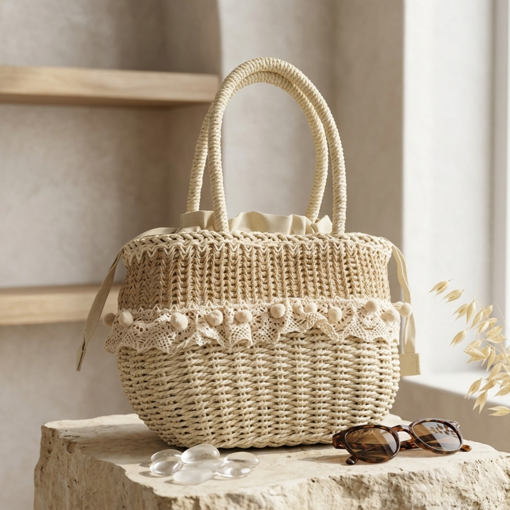 Straw Woven Handbag with Lace Detail – Sustainable Purse for Everyday Use