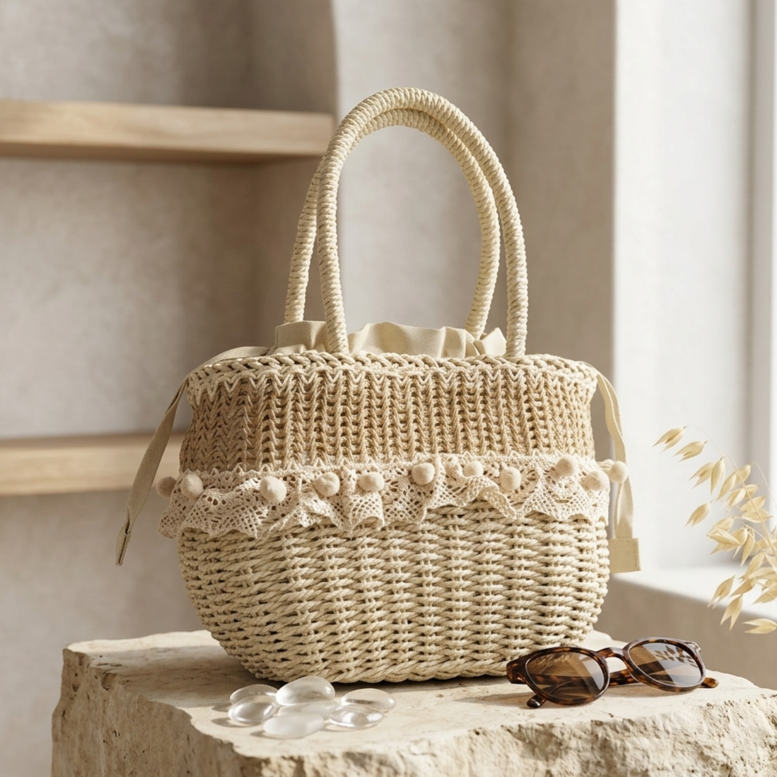 Straw Woven Handbag with Lace Detail – Sustainable Purse for Everyday Use