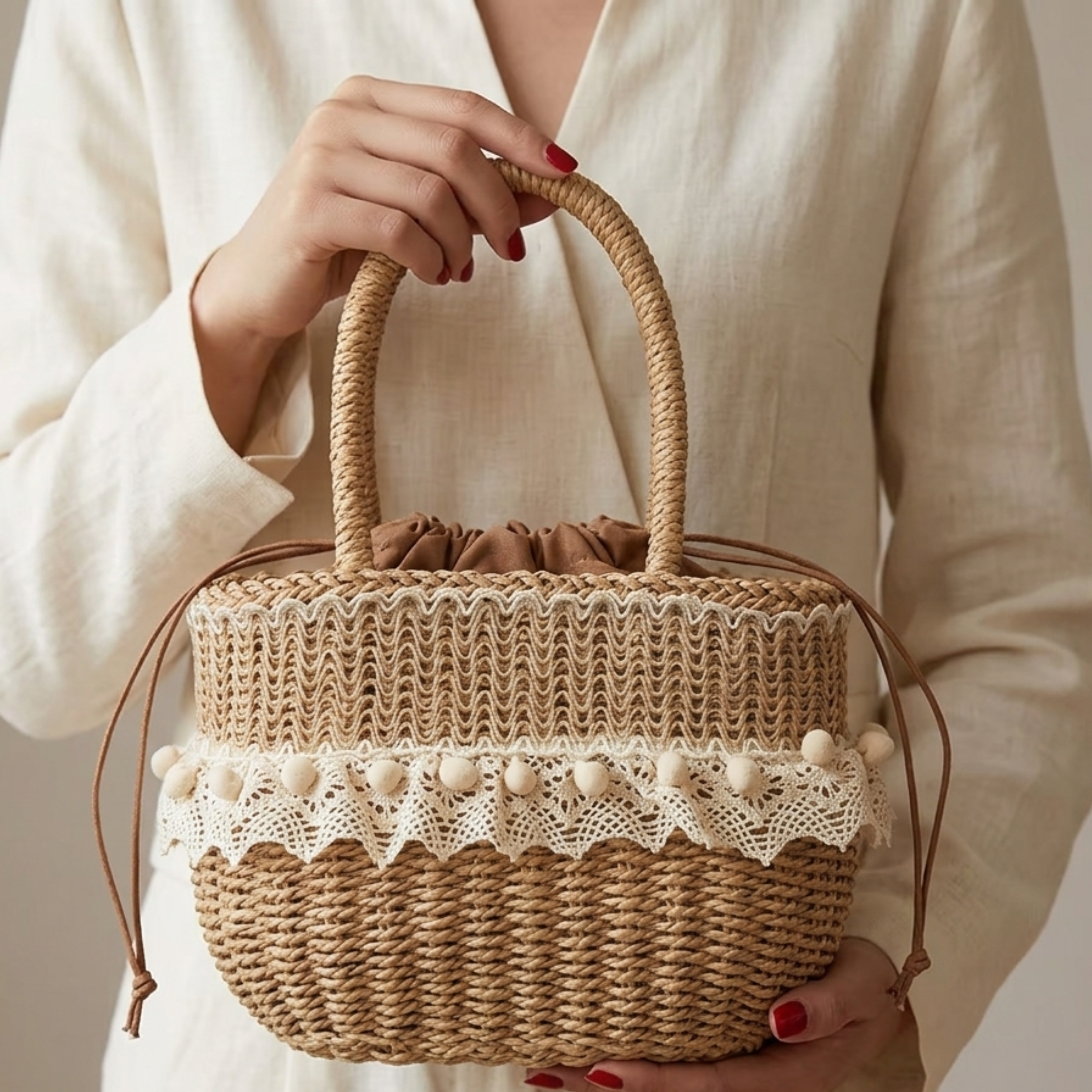 Straw Woven Handbag with Lace Detail – Sustainable Purse for Everyday Use