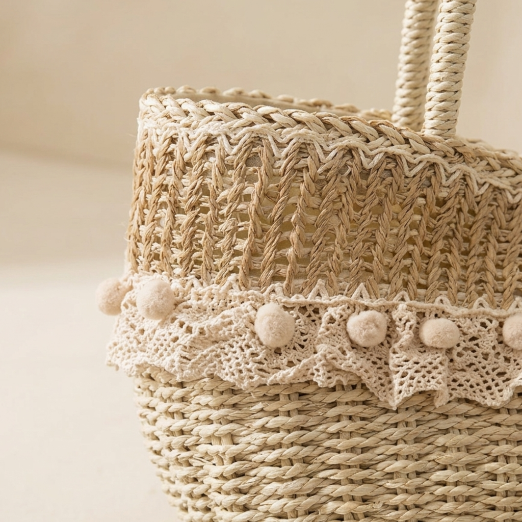 Straw Woven Handbag with Lace Detail – Sustainable Purse for Everyday Use