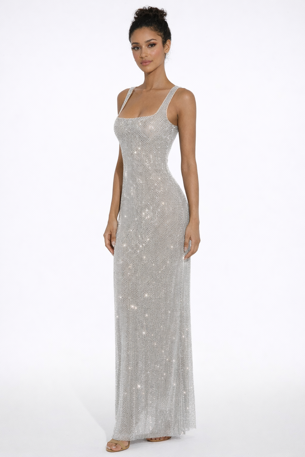 Embellished Crystal Mesh Maxi Dress with Square Neck for Evening Events