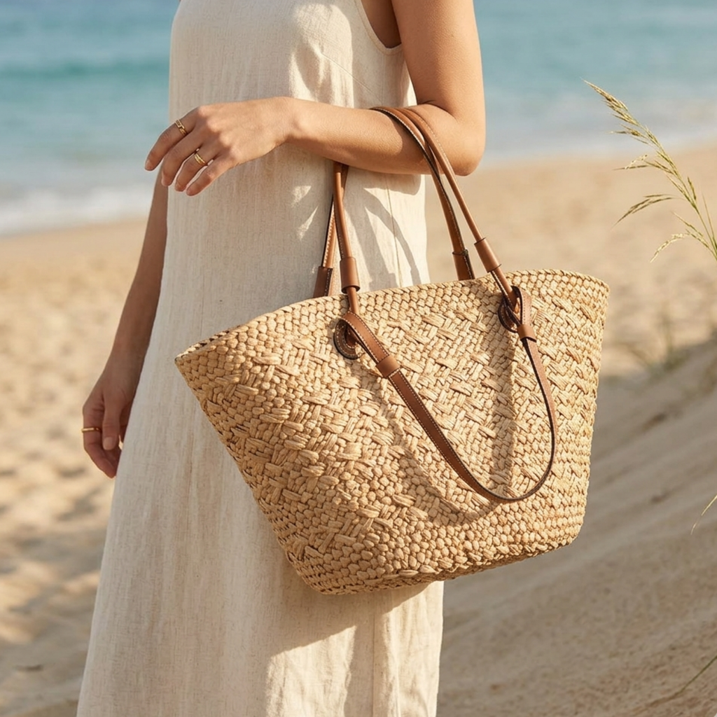 Rattan Wicker Summer Tote Bag - Handcrafted Sustainable Beach Bag