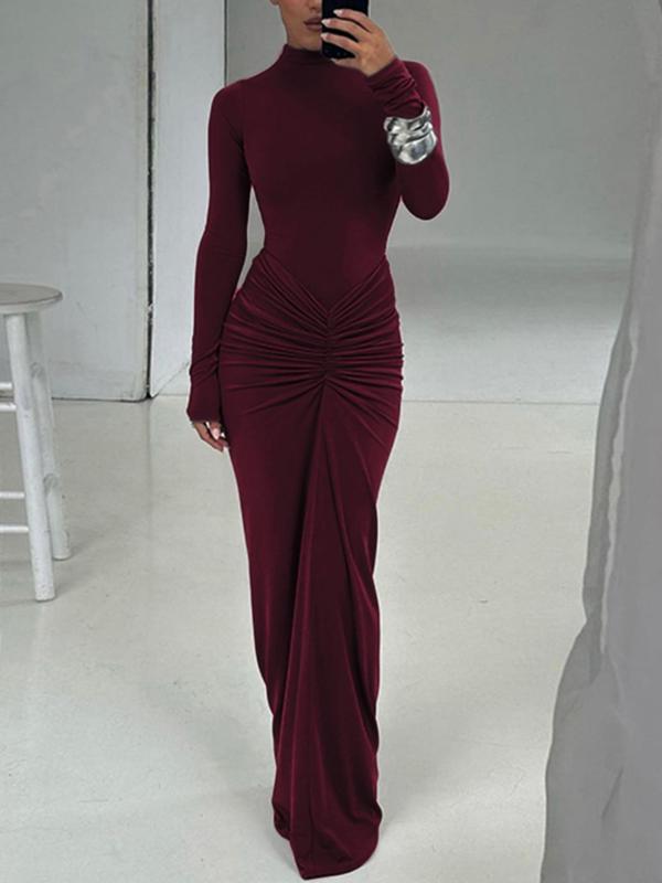 Ruched Long Sleeve Maxi Dress in Elegant Fabric for Formal Events