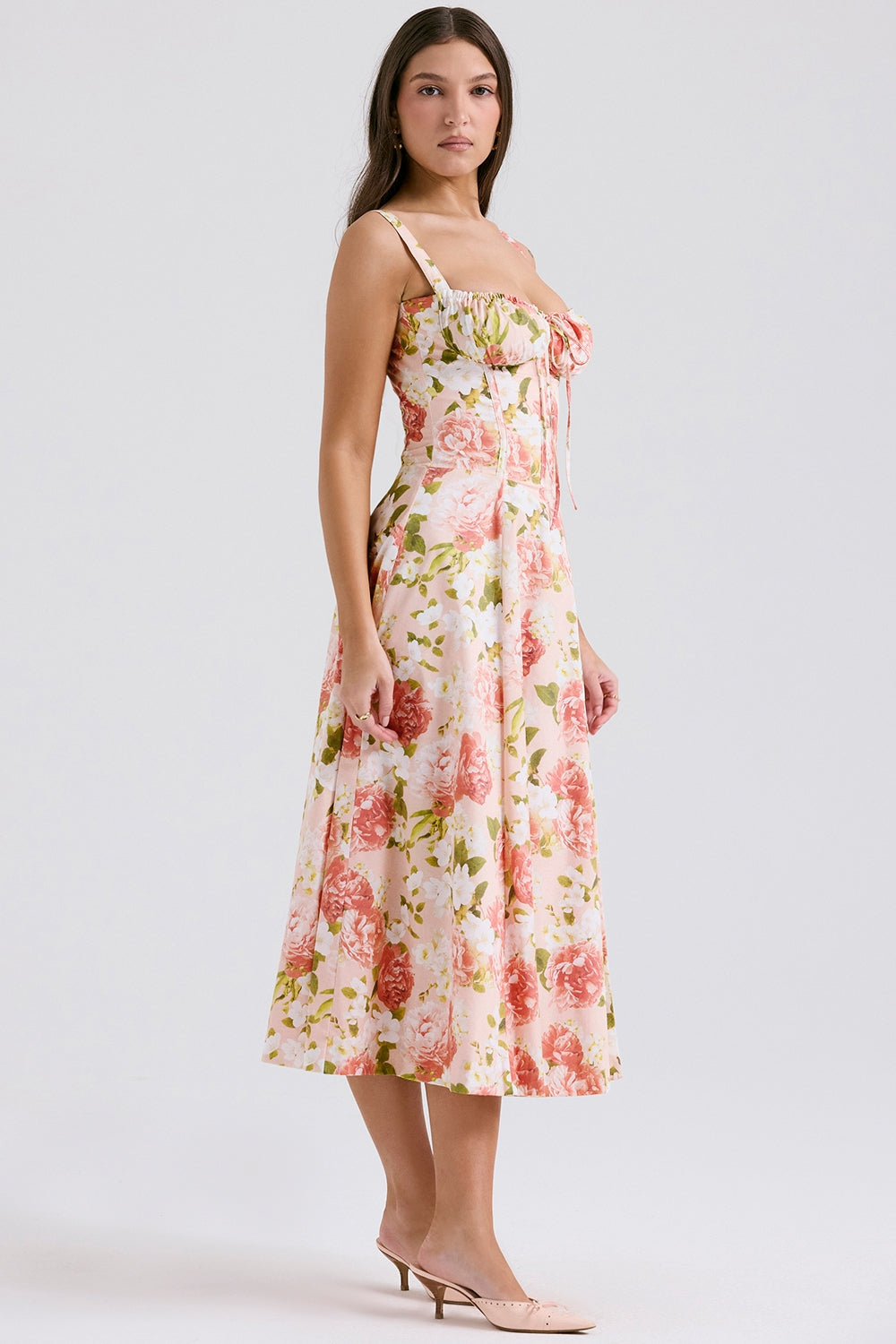 Pink Peony Floral Lace-Up Back Midi Dress with Side Split for Casual Wear
