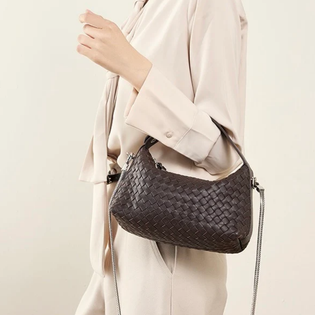 Genuine Sheepskin Leather Woven Clutch Bag with Chain Strap for Women